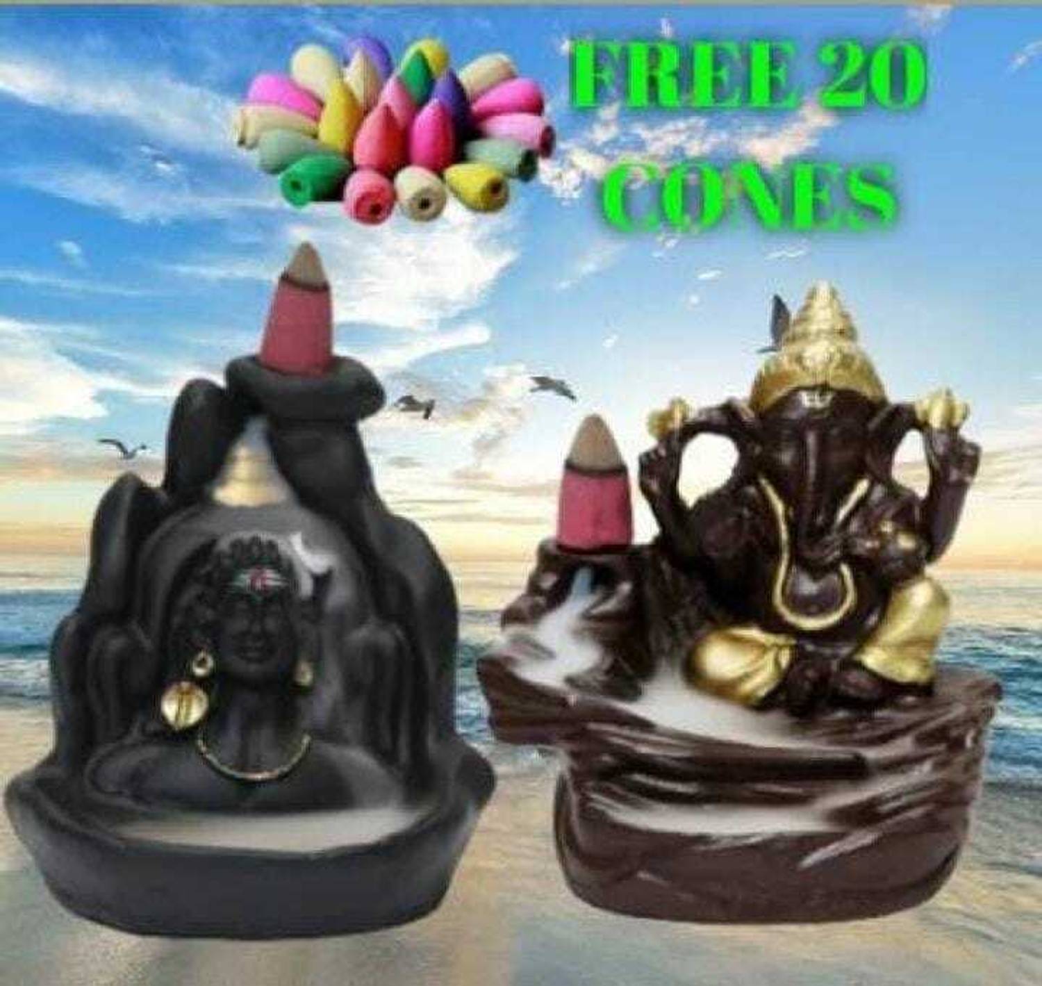 welno international Antique Adiyogi & Ganesh Smoke Fountain | Bal Ganesh with 20 Cones Decorative Showpiece - 12 cm