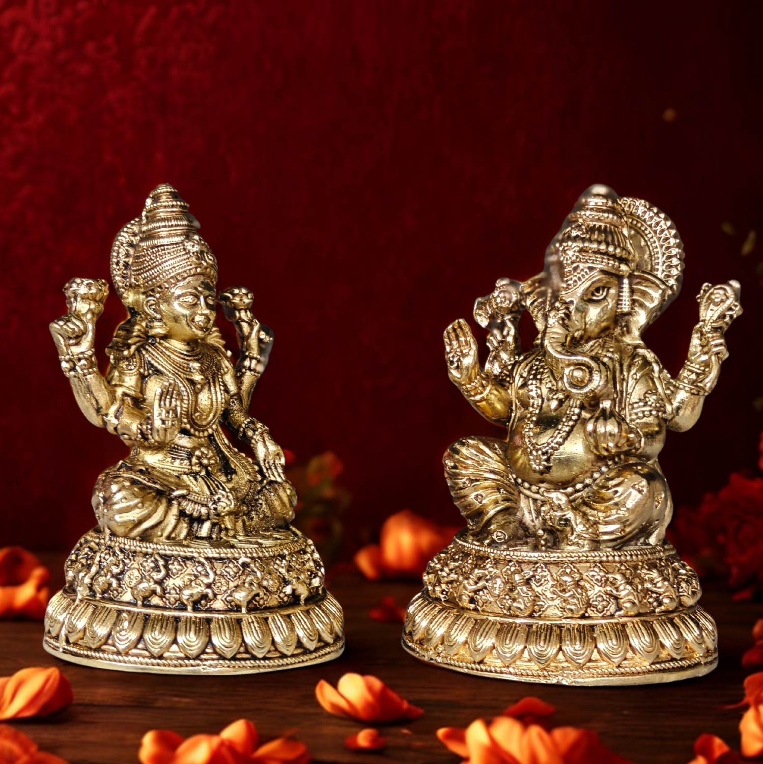 Image of Craftcart Lakshmi Ganesh Brass Idol | Wax Cast | Lightweight | 100% Pure Brass | 425g | Decorative Showpiece - 9.8 cm