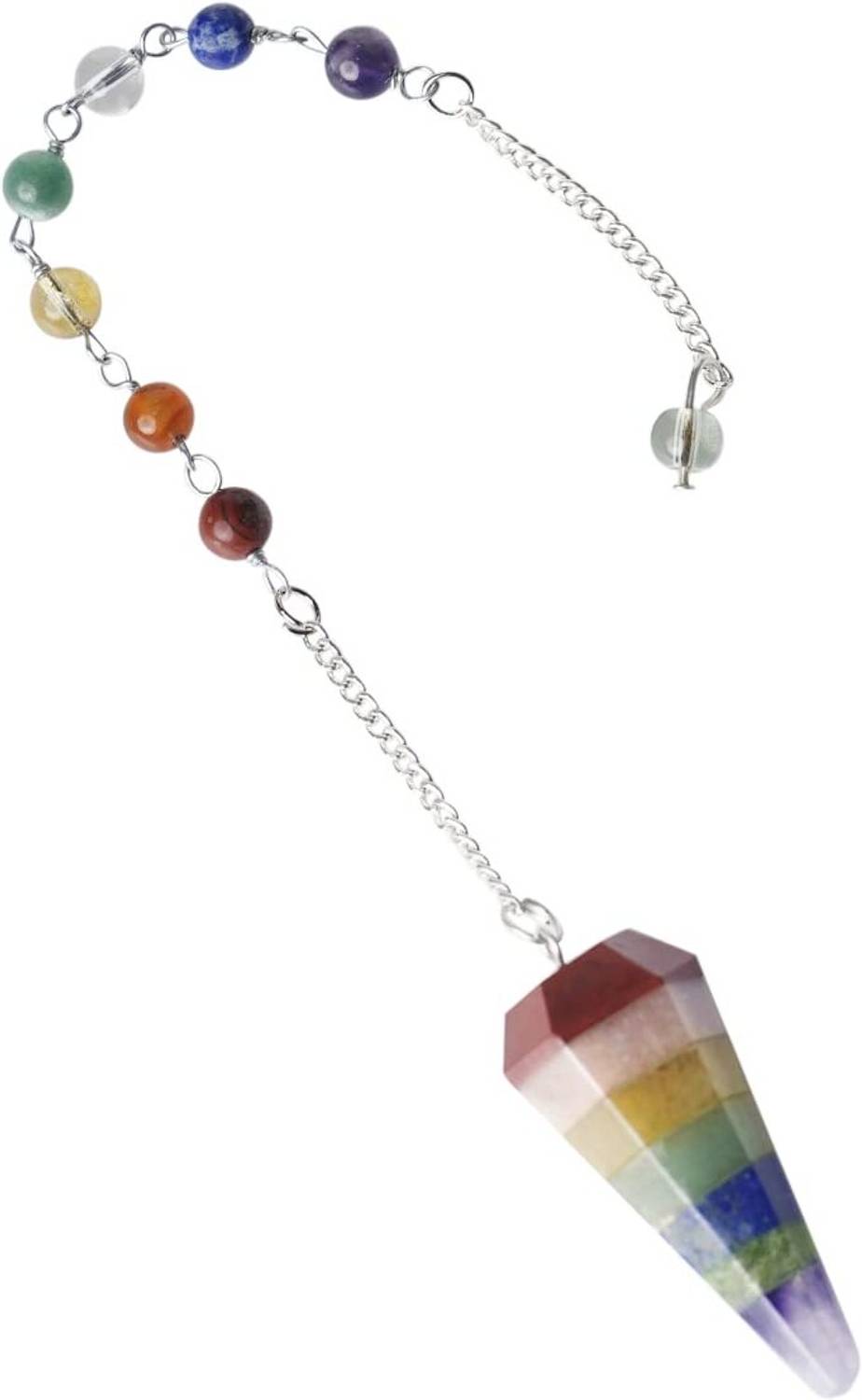 9dzine 7 Chakra with Beads Stone Dowsing Point Pendulum with Chain for Reiki Healing Decorative Showpiece  -  5 cm