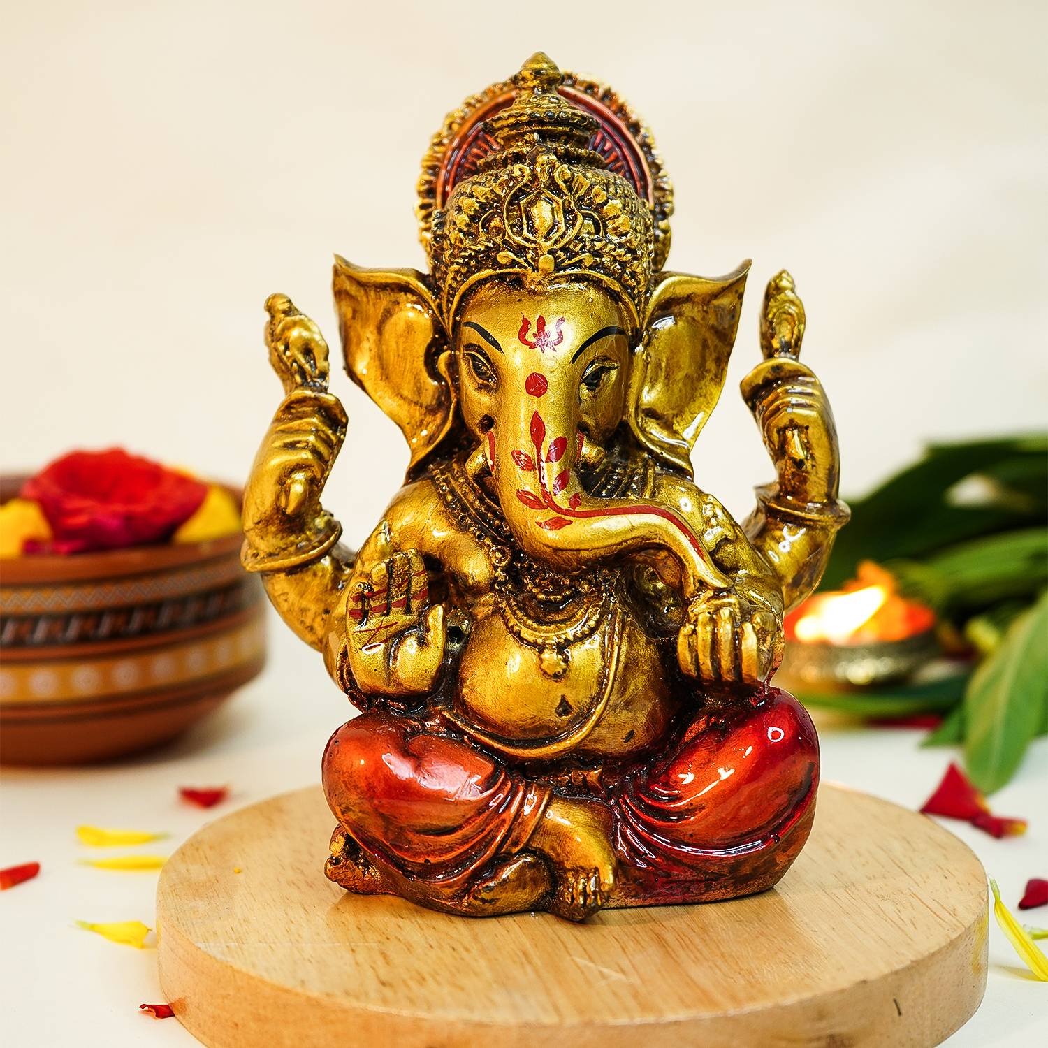 Ekhasa Antique Gold Painted Ganesha Idol (5 Inch) | Marble Dust Vinayaka Statue | Decorative Showpiece - 14 cm