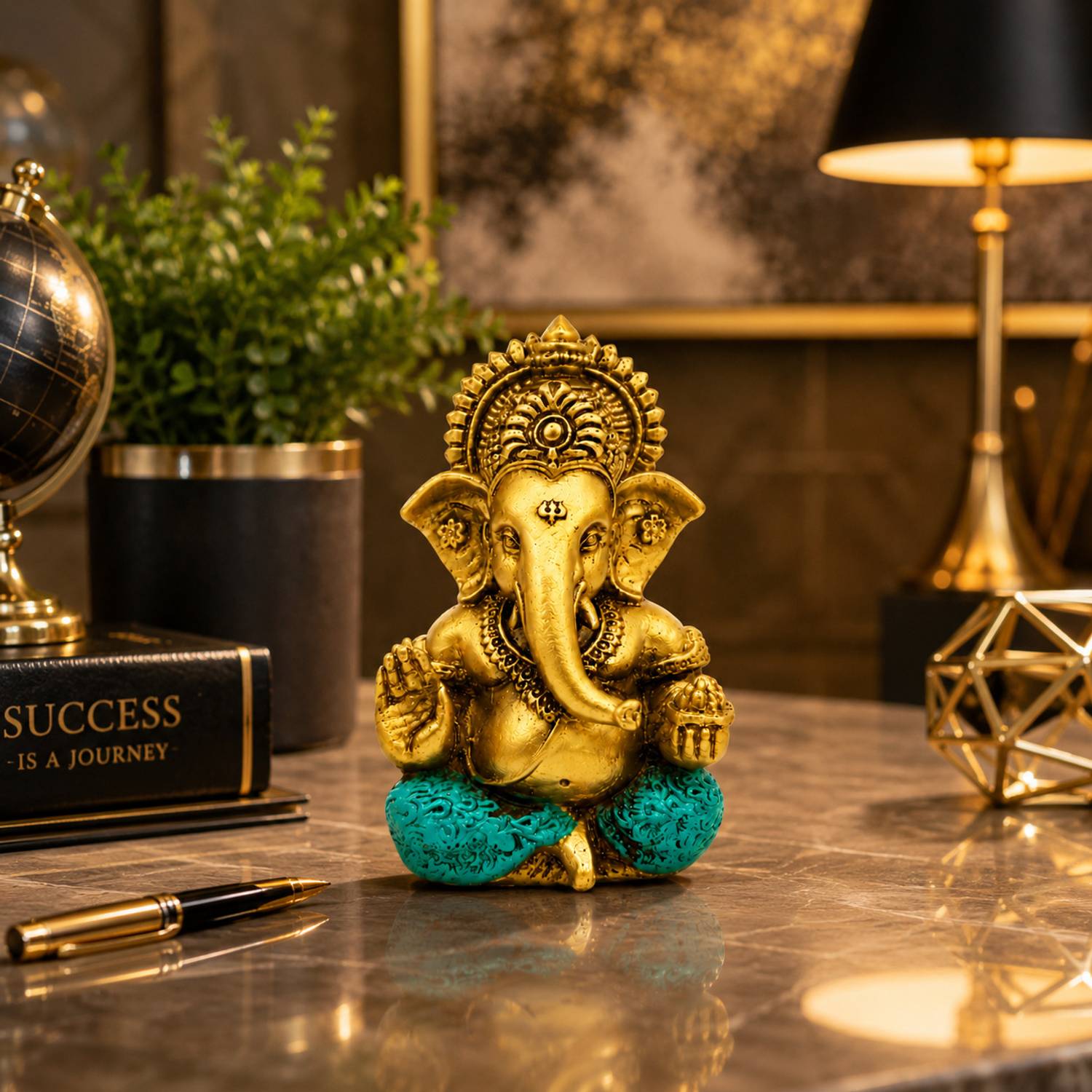 RISA TRADERS Golden Ganesha Idol Ganpati Murti for Home Temple Office Desk Car Decor Decorative Showpiece  -  10 cm
