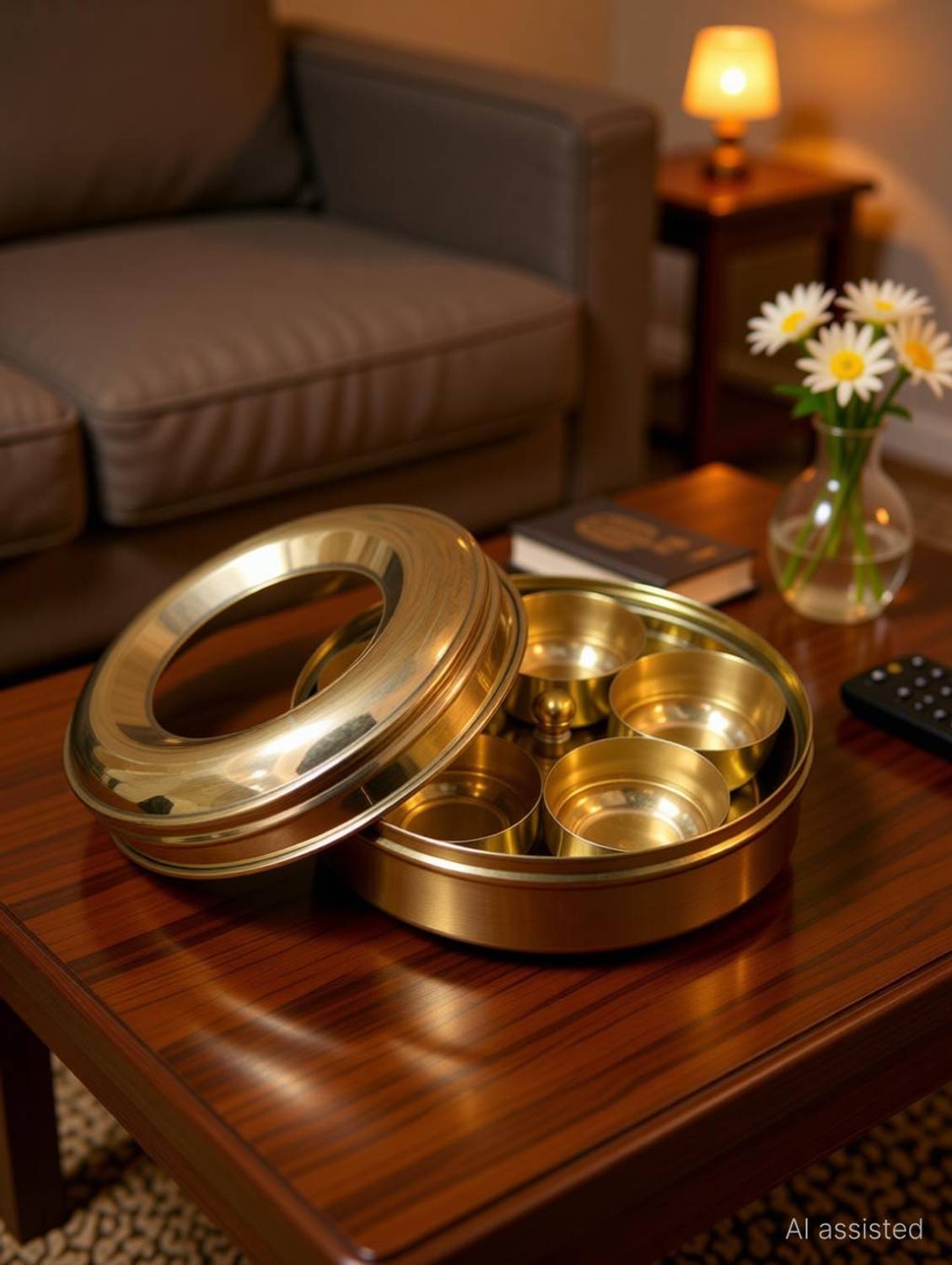 ANYRA'S TROVE Brass Puja Sindoor Dibbi Mandir Roli Chawal Chandan Kumkum Dibbi 5 Bowls(H-5Cm) Decorative Showpiece - 5 cm