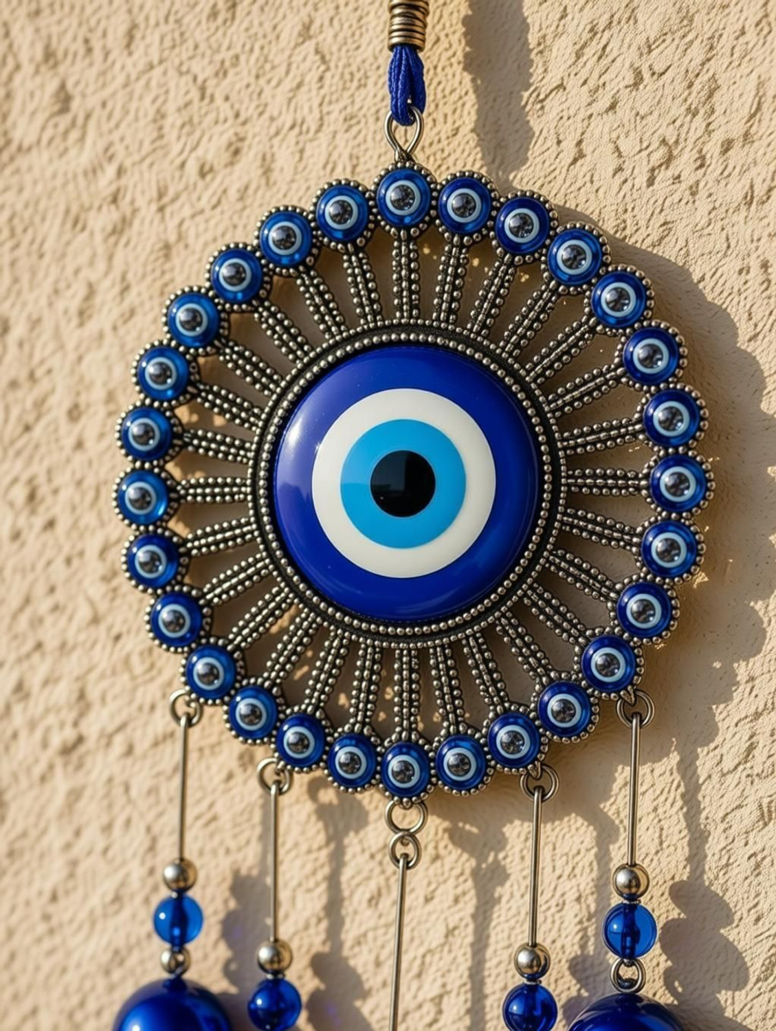 Image of sculpmart Evil Eye Wind Chime with 5 Bells,Tassel(Latkan) & 31 Small Evil Eyes For Hanging Decorative Showpiece - 35 cm