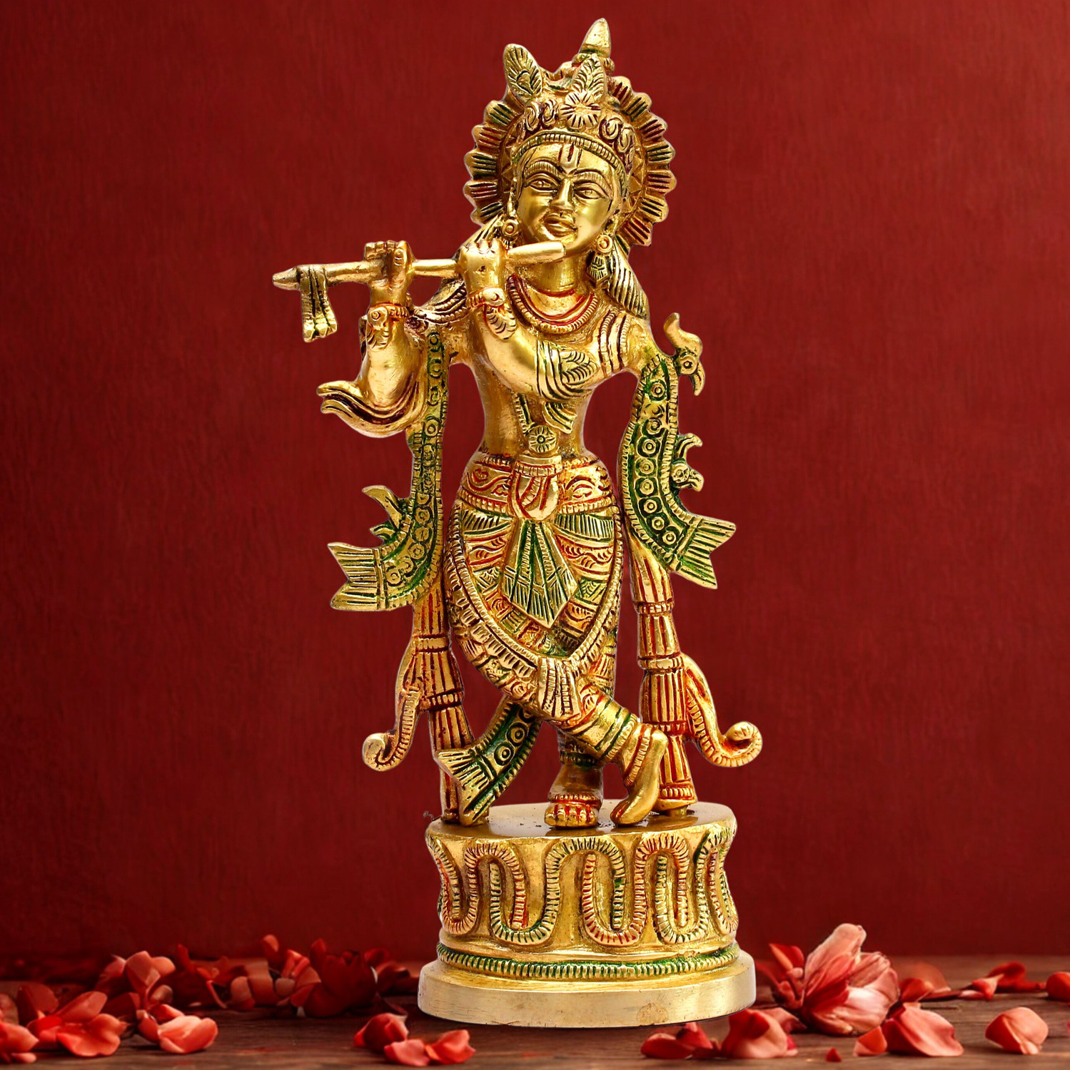 Image of Craftcart Lord Krishna Brass Idol | Premium Quality | Pure Brass | w: 1 Kg | Decorative Showpiece - 22.5 cm
