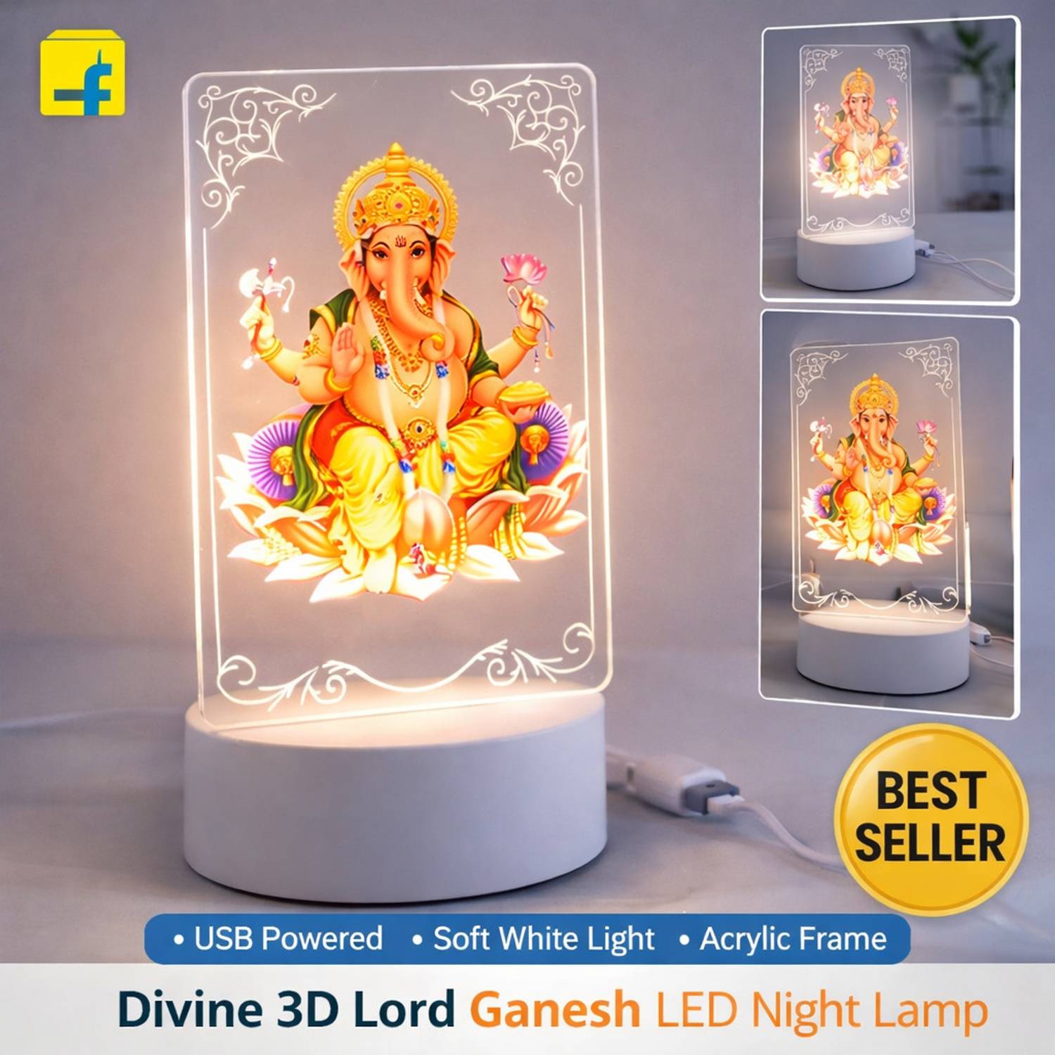 ABC Divine 3D Lord Ganesh LED Night Lamp | Acrylic Frame | USB Powered White Light Decorative Showpiece - 2 cm