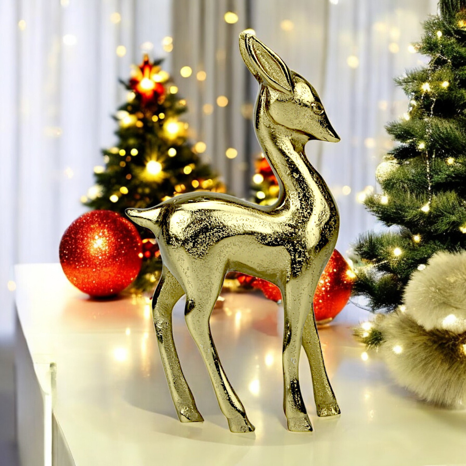 Image of Hind Decor Golden Aluminum Handcrafted Christmas Minimalistic Standing Deer Decorative Showpiece - 20.5 cm