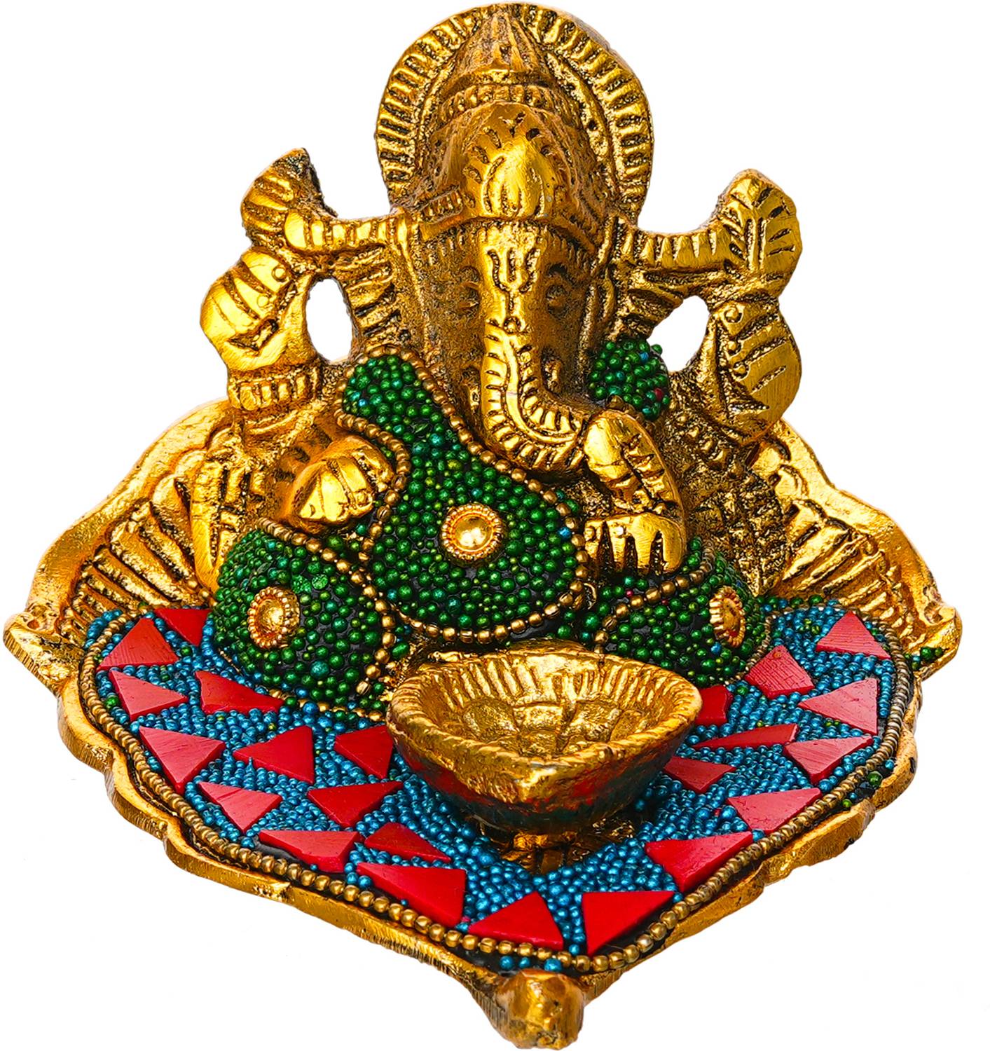 WEBELKART Ganesh Idol on Leaf - Lord Ganesha with Diya Decorative,Ganesha Idol Decorative Showpiece - 6.5 cm