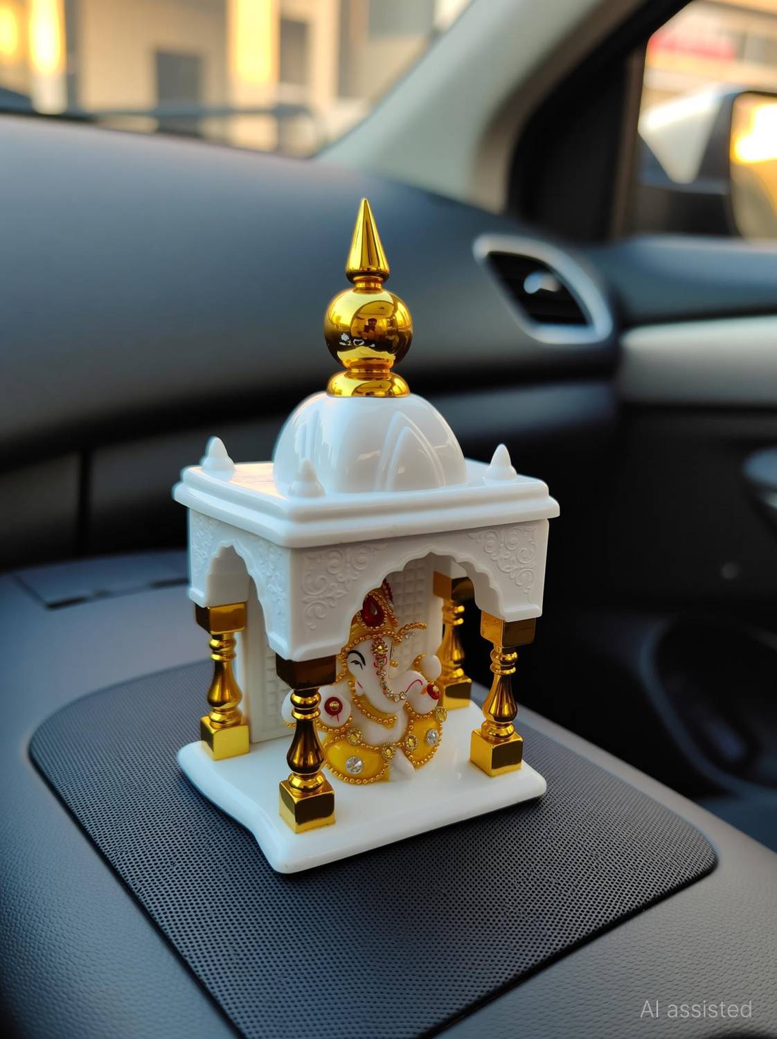 TAG ON Ganesh ji Idol with White Acrylic Car Ganesh Mandir For Home & Car Dashboard Decorative Showpiece - 6 cm