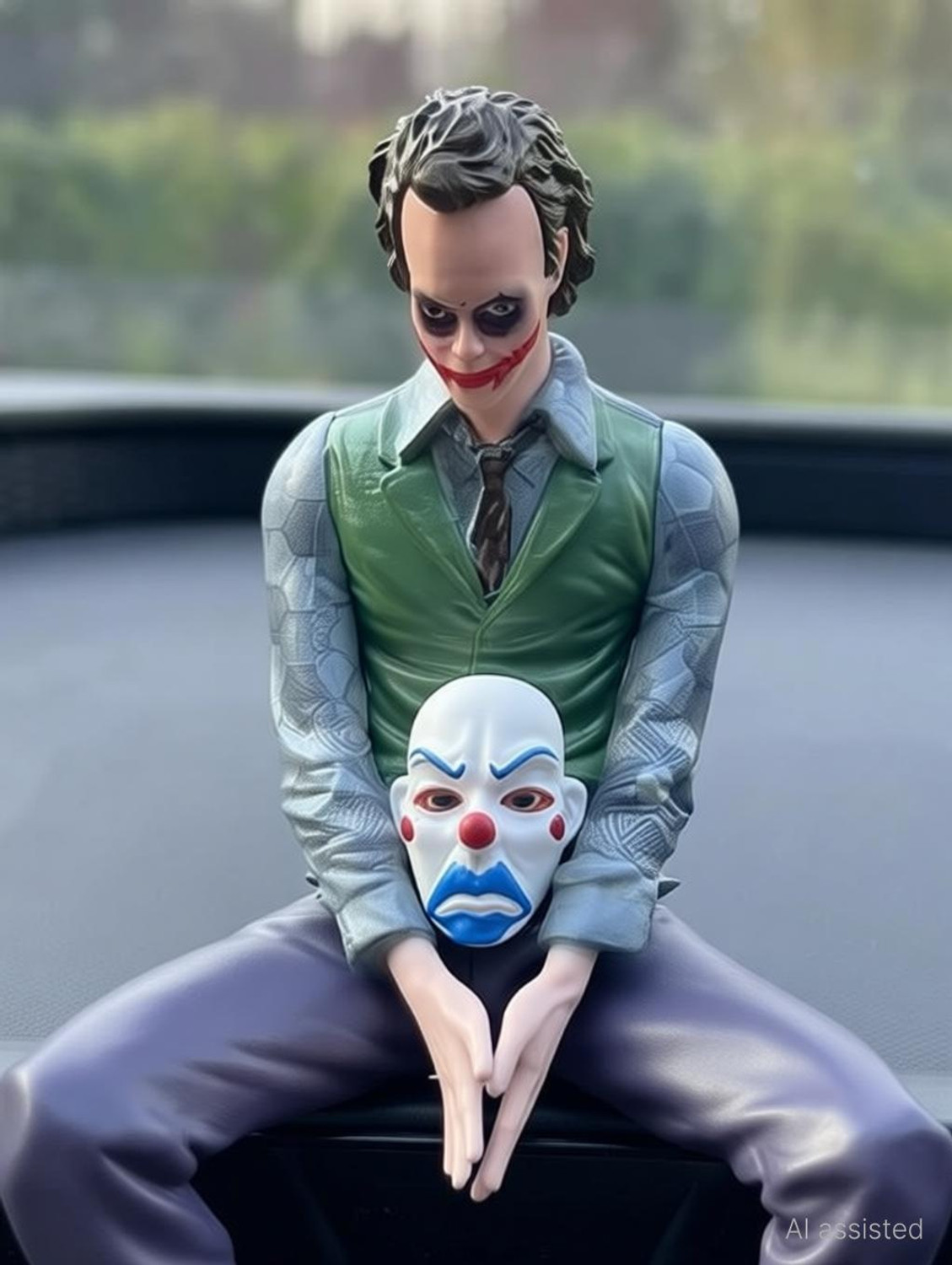Image of AutoBizarre 10cm Small Joker Action Figure with Mask & Sitting pose for Table, Car Dashboard Decorative Showpiece - 10 cm