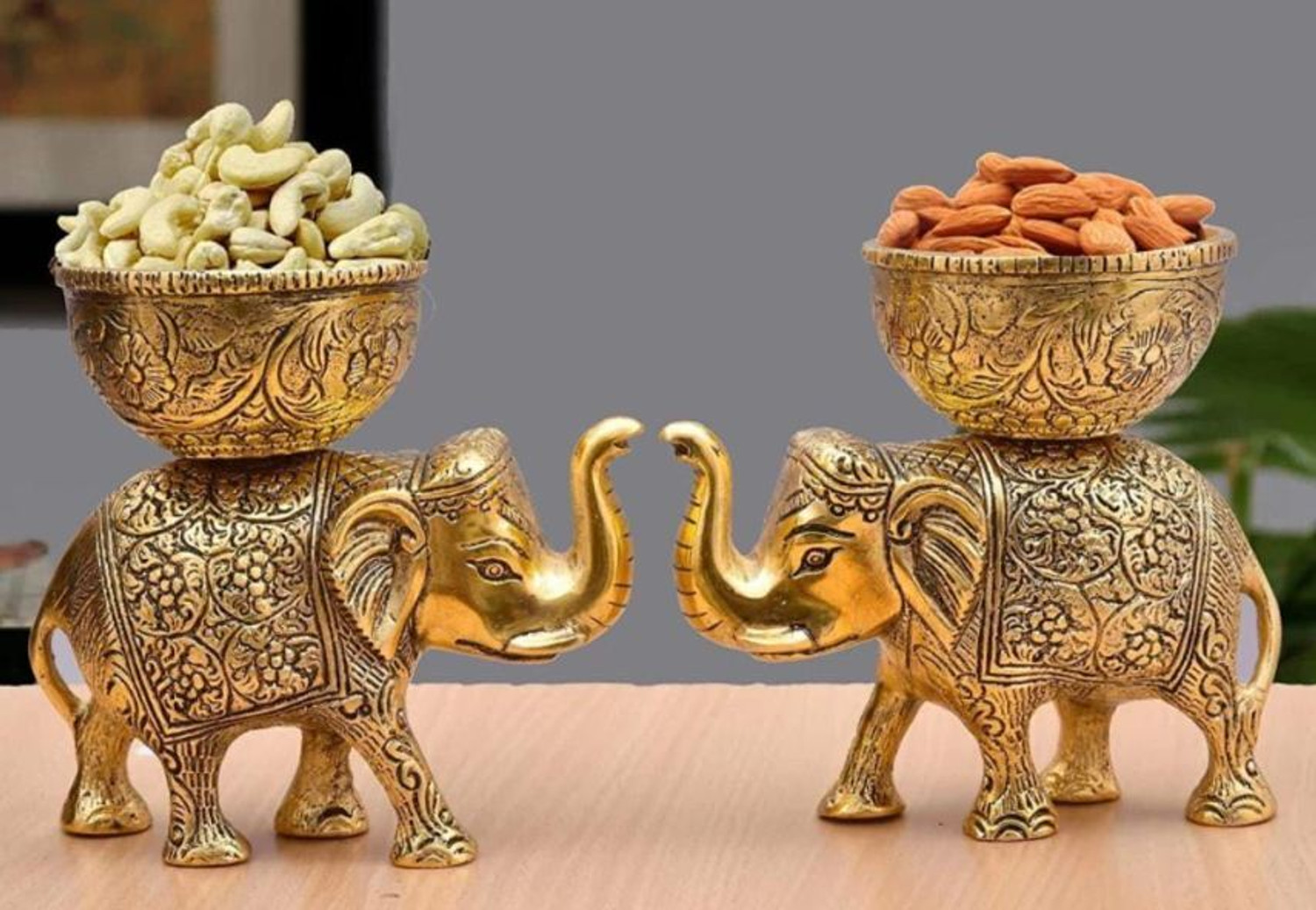 Image of Anant Drishti Creations Set of 2 Golden Elephant With Dry Fruit Bowl For Home Decorative Showpiece - 13 cm