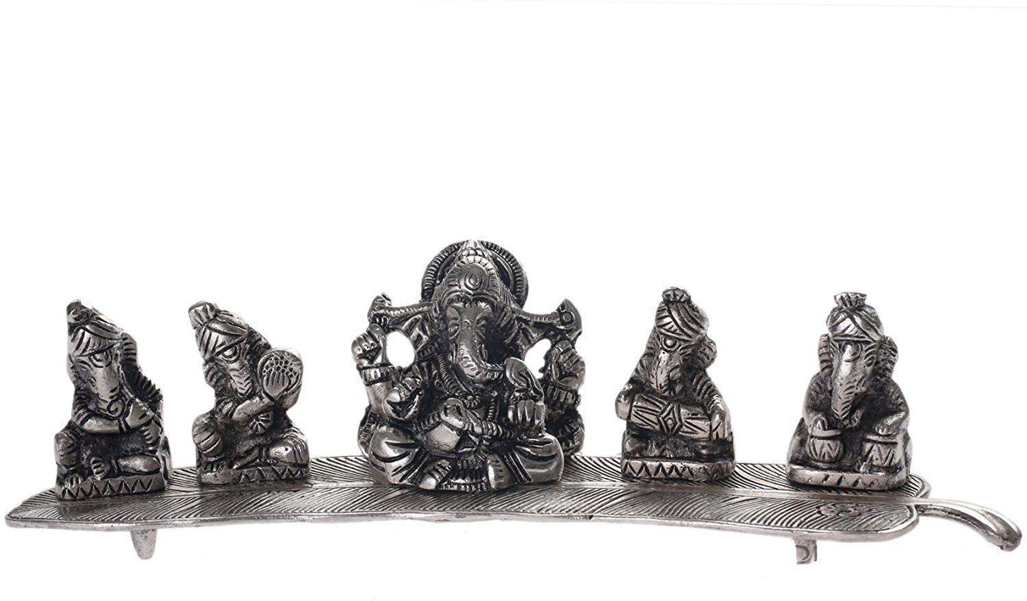 DreamKraft White Metal 5 Ganesh With Musical Instrument on Leaf for Home Décor Decorative Showpiece  -  9 cm