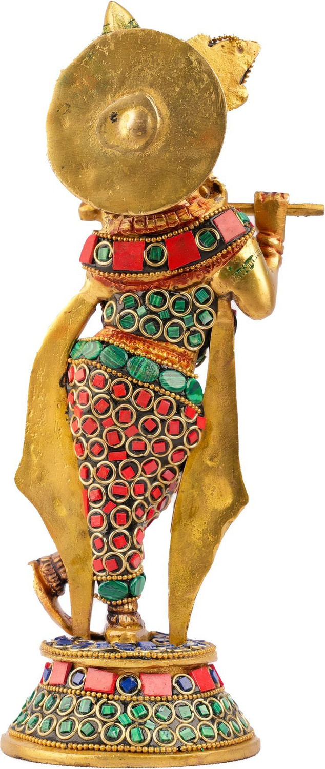 Image of Craftcart Krishna Brass Idol Statue Murti | Stonework | 100% Brass | w: 1.5 Kg | Decorative Showpiece - 26 cm