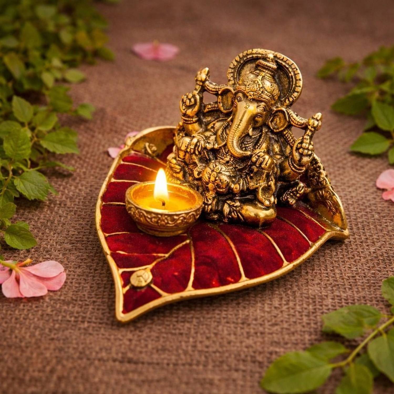BOSCO Handicrafted Aluminium Ganesh Tea Light Holder Gold Decorative Item Decorative Showpiece - 7 cm