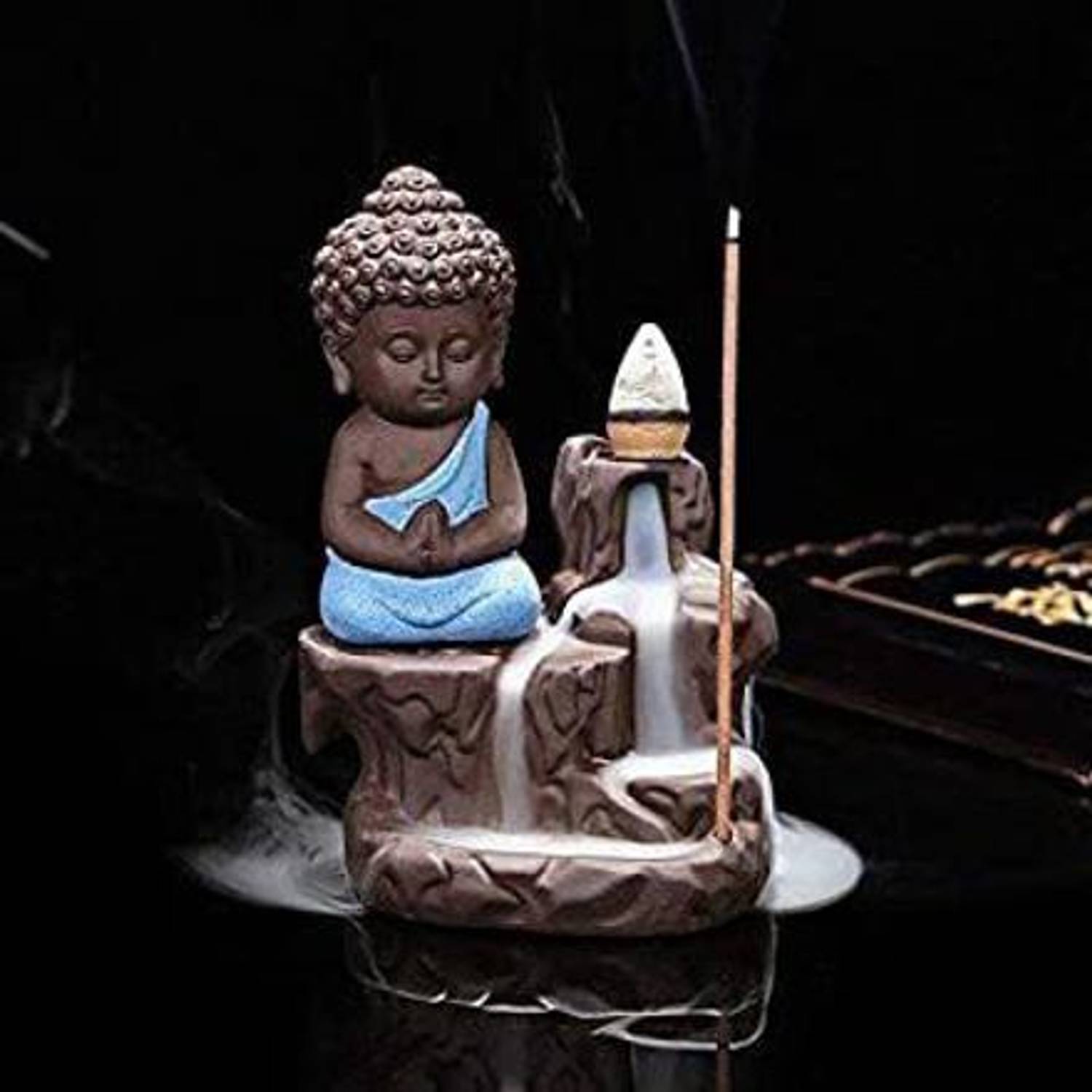 BRASSY Backflow Incense Burner monk Buddha Meditating Smoke Fountain with 10 cones Decorative Showpiece  -  11 cm