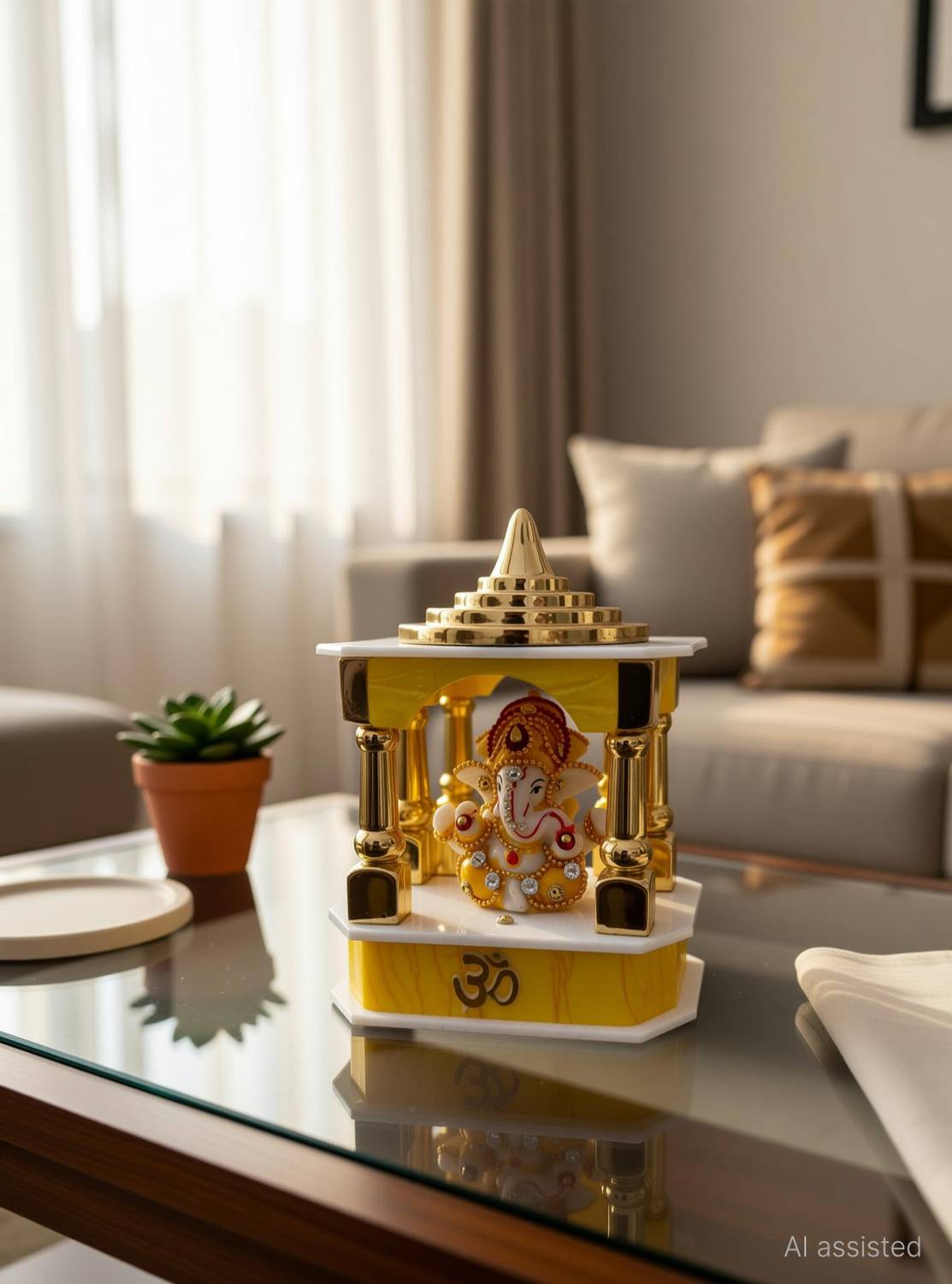 TAG ON Ganesh Ji Idol With Four Pillar Golden Mandir For Home & Car Dashboard Decorative Showpiece - 5.5 cm
