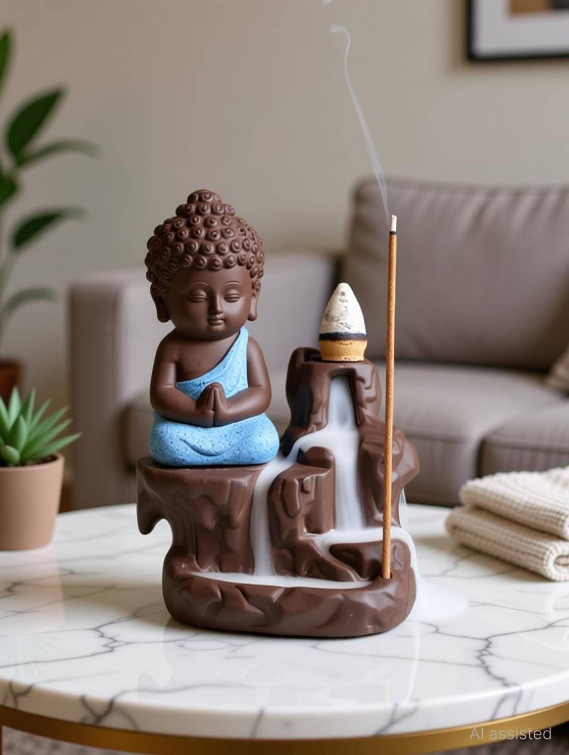AapnoCrafts Maditating Monk Buddha Smoke Back flow Cone Incense Holder- With 10 Free Incence Cones Decorative Showpiece - 12 cm