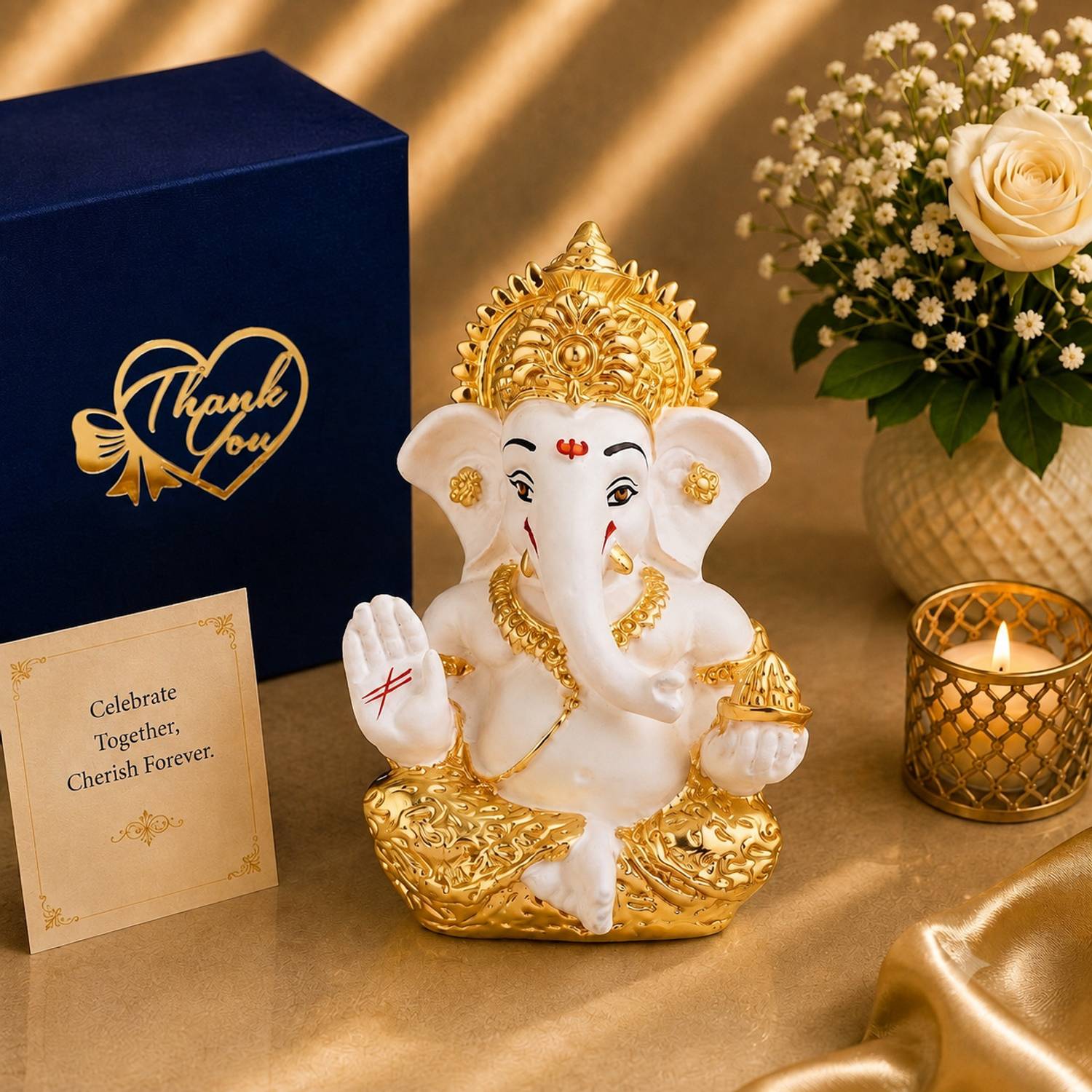 STARLIGHT Resin Ganpati Idol White, Gold Plated, Velvet Box, Bag & Thank You Tag Decorative Showpiece - 5 cm