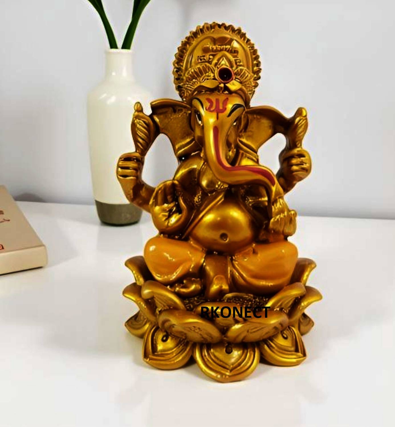 RKONECT Golden Ganesh Idol for Home, Office, Temple & Car Dashboard Decor Decorative Showpiece - 7.4 cm