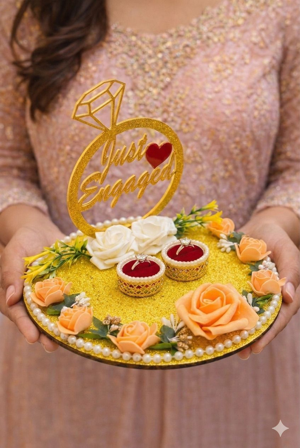 Image of Sara Unique Gift Just Engaged Floral Ring Platter (Gold) Decorative Showpiece - 23 cm