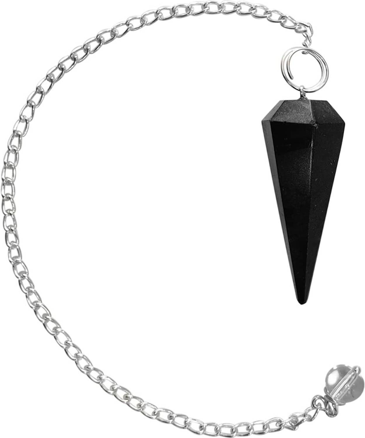 9dzine Black Tourmaline Stone Dowsing Point Pendulum with Chain Beads for Reiki Healing Decorative Showpiece  -  5 cm