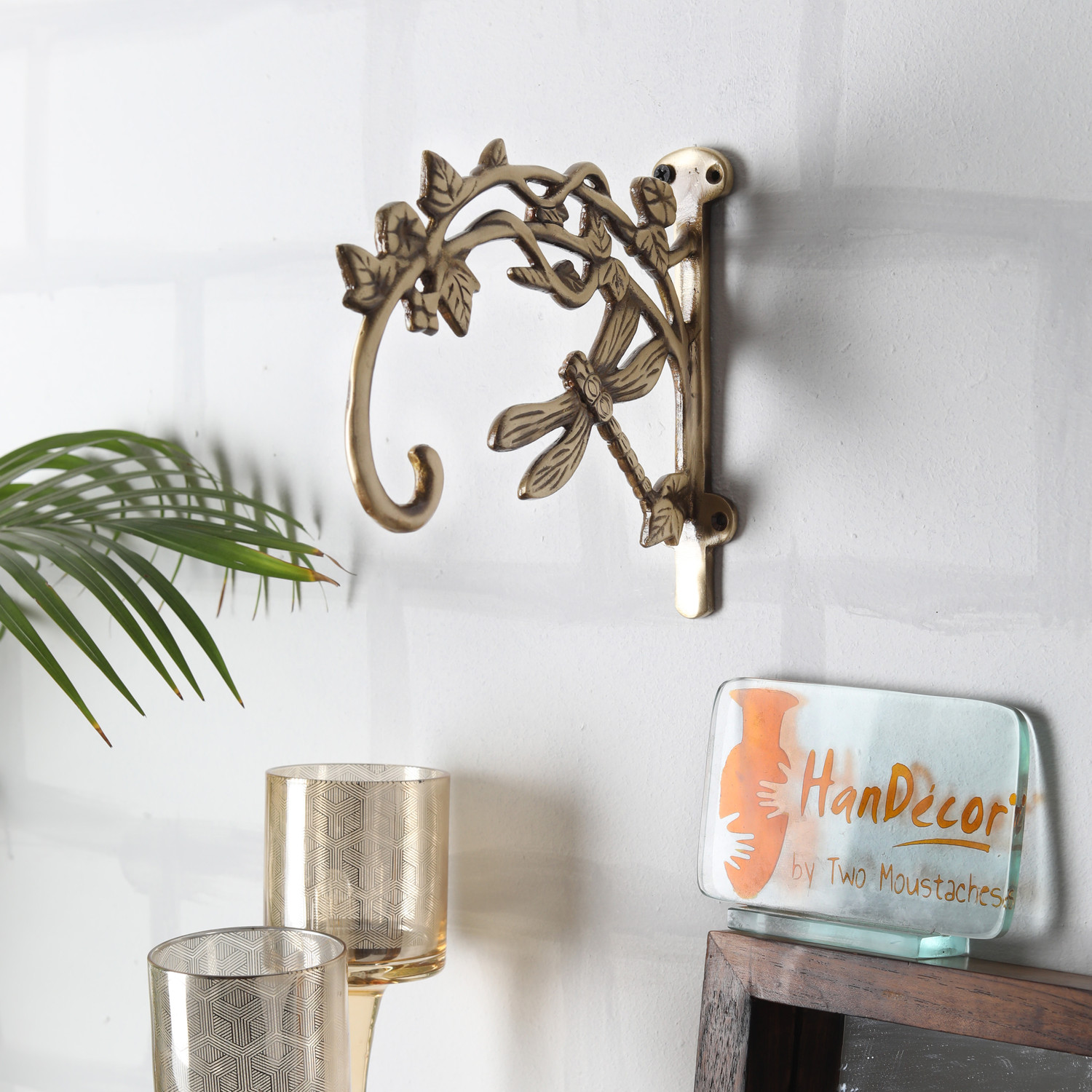 Image of Two Moustaches Brass Dragon Fly Style Handmade Brass Wall Lantern Diya Hanger Decorative Showpiece - 16.2 cm