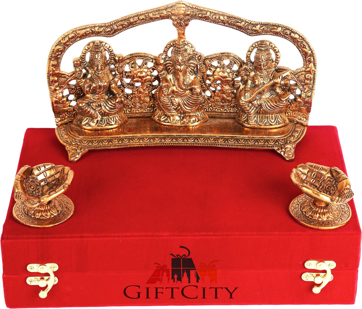 GIFTCITY Copper Lord Laxmi Ganesh Saraswati Statue With 2 Piece Hand Diya Under Box Decorative Showpiece  -  14 cm