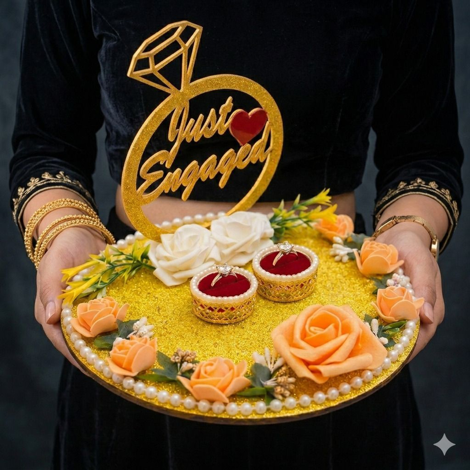 Image of Sara Unique Gift Just Engaged Floral Ring Platter (Gold) Decorative Showpiece - 23 cm