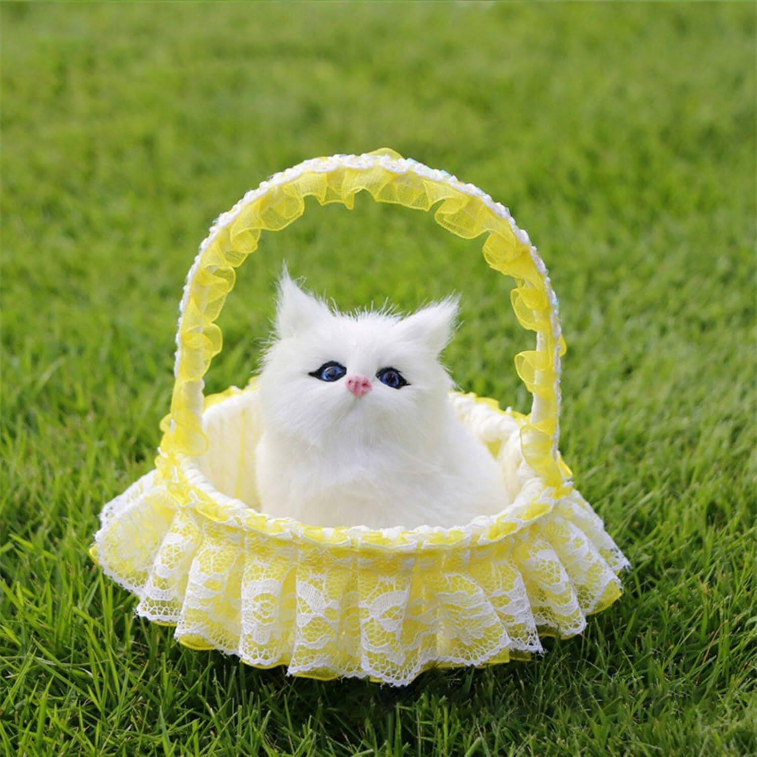Beyondecor Soft Kitten Showpiece Toy in Lace Hanging Basket with LED Lights & Sound Decorative Showpiece  -  13 cm
