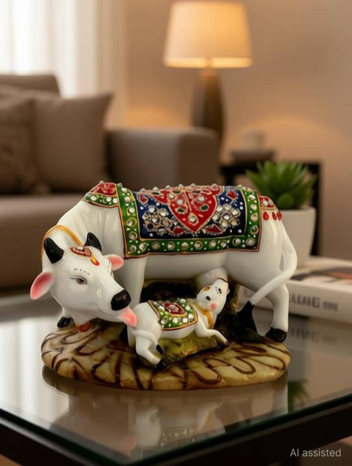 avenew Spiritual Vastu Nandi Pooja Figurine Sculpture | Gau MATA | kamdhenu cow Decorative Showpiece - 9 cm