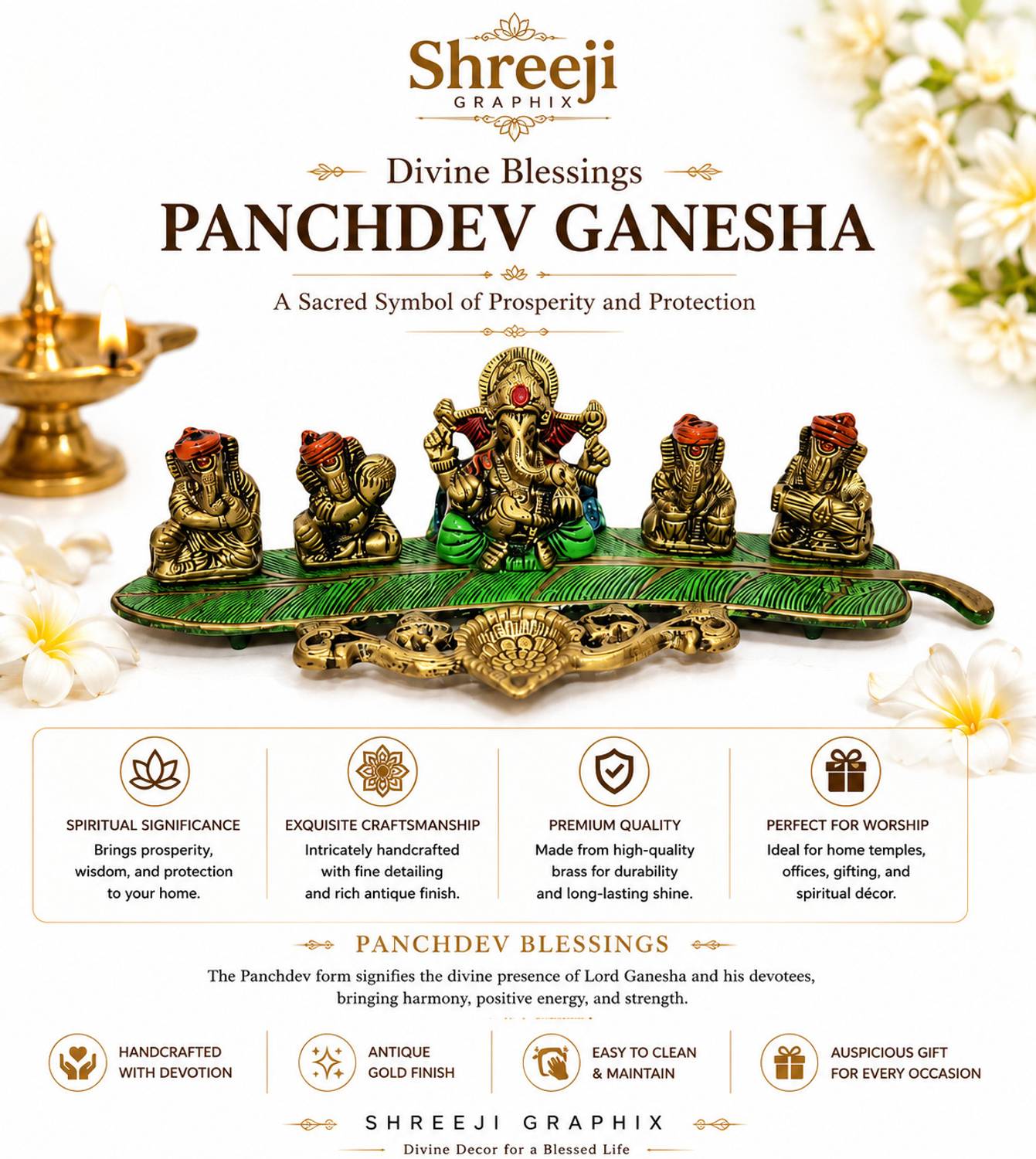 Shreeji Graphix PREMIUM PANCHDEV GANESHA IDIOL Decorative Showpiece - 7.6 cm