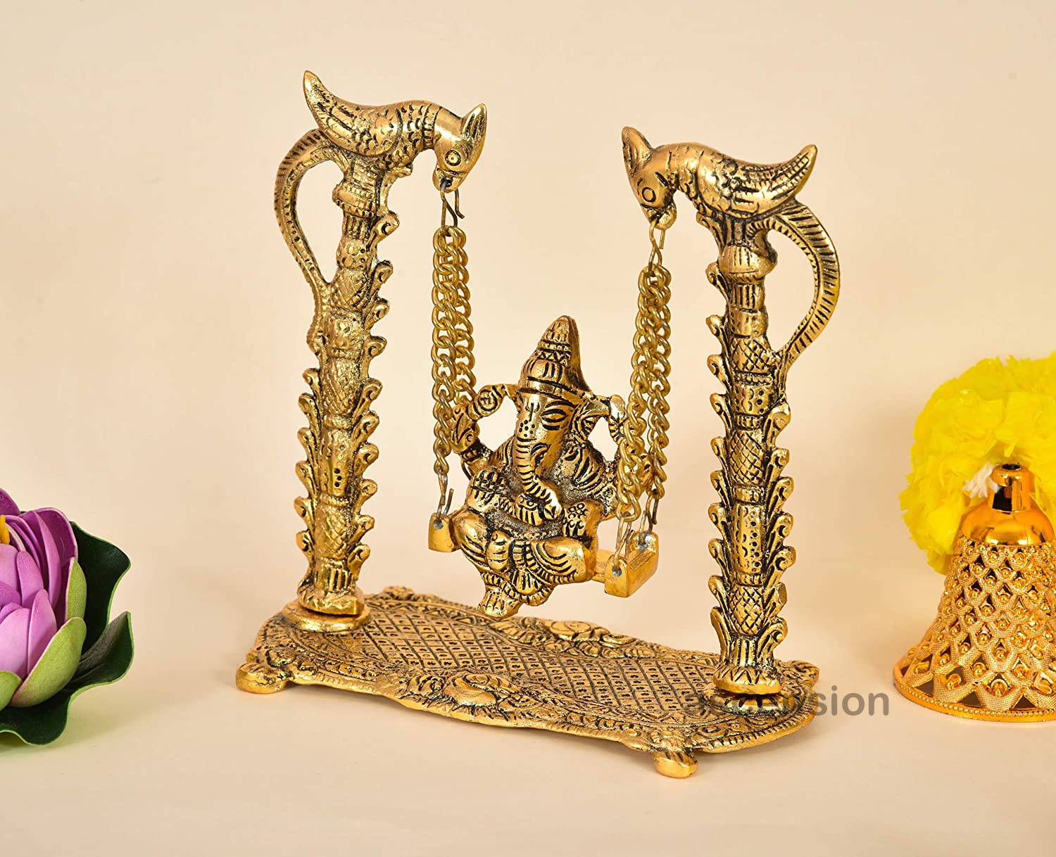 Ascension Metal God Ganesh Ganpati on Swing Idol Sculpture Showpiece Home Décoration (,Golden) Decorative Showpiece  -  12 cm
