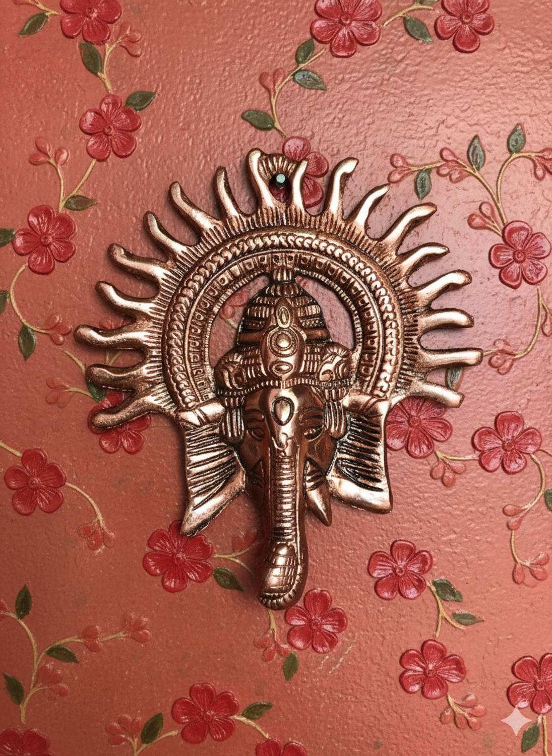 VIHAANART Ganesha Face Wall Hanging with Sun Aura, Copper Finish Ganpati Idol Vastu Decorative Showpiece - 17 cm