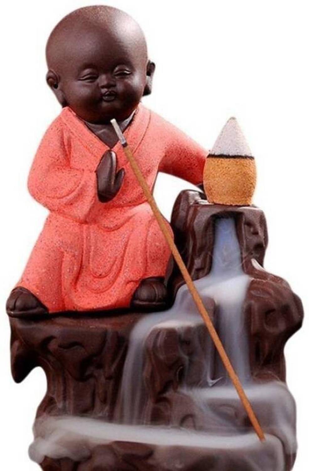 AapnoCrafts Kung-Fu Style Buddha Monk Back Flow Smoke Fountain - With 10 Free Incense Cones Decorative Showpiece - 12 cm