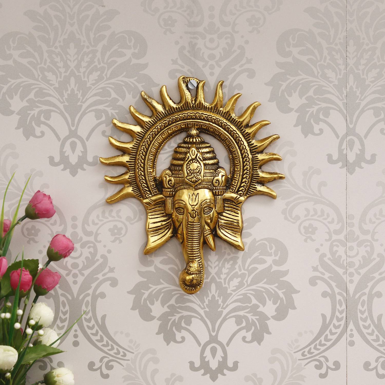 Artisyn Golden Lord Ganesha with Sun Decorative Metal Wall Hanging Decorative Showpiece - 24 cm
