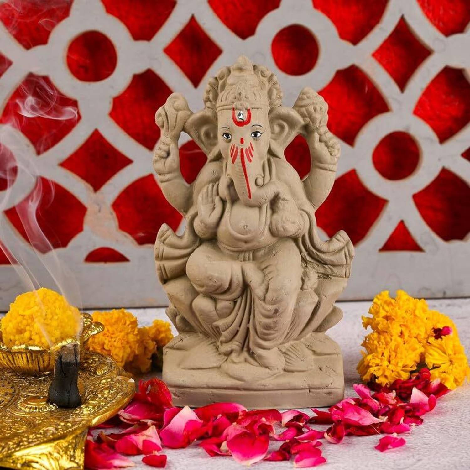 SOMUDEE Ecofriendly Ganesh Murty Idol Pack of 1, Made With 100% Clay Decorative Showpiece  -  10 cm