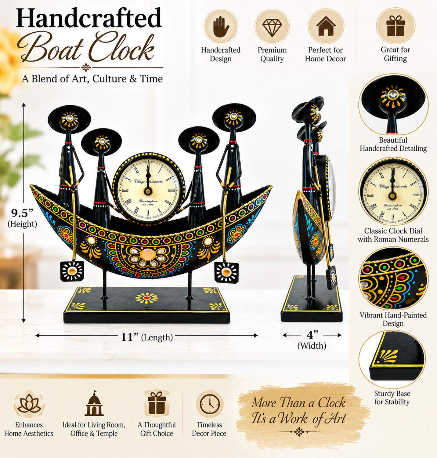 Image of The SK Creative Arts Boat Shaped Decorative Table Clock with Multi Candle Holder Artistic Decorative Showpiece - 5 cm