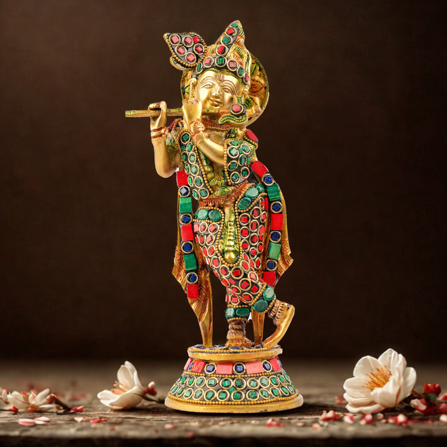 Image of Craftcart Krishna Brass Idol Statue Murti | Stonework | 100% Brass | w: 1.5 Kg | Decorative Showpiece - 26 cm