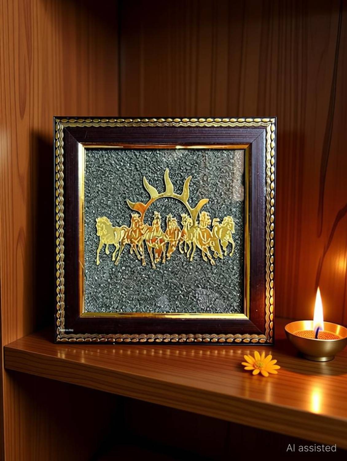 Agatesvibe Golden 7 Horses with Sun Natural Raw Pyrite Frame Decorative Showpiece - 18.5 cm