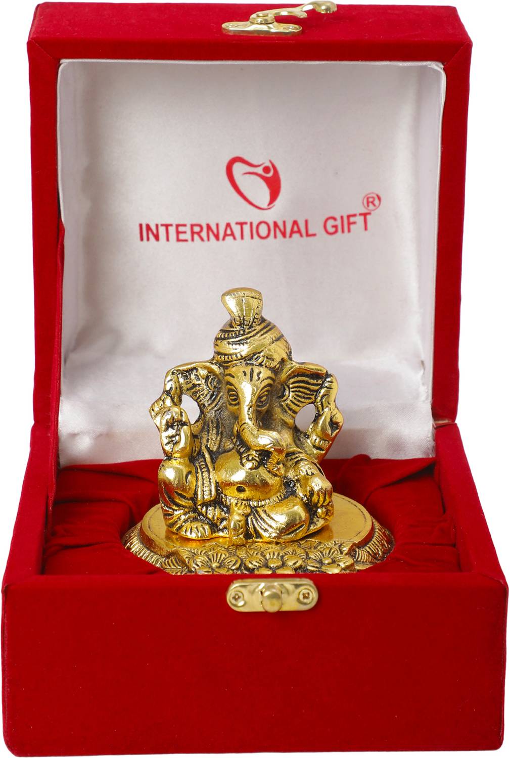 INTERNATIONAL GIFT Golden Pagdi Ganesh Idol Statue With 6 Diya | Box & Bag | For Pooja, Home Decorative Showpiece  -  9 cm