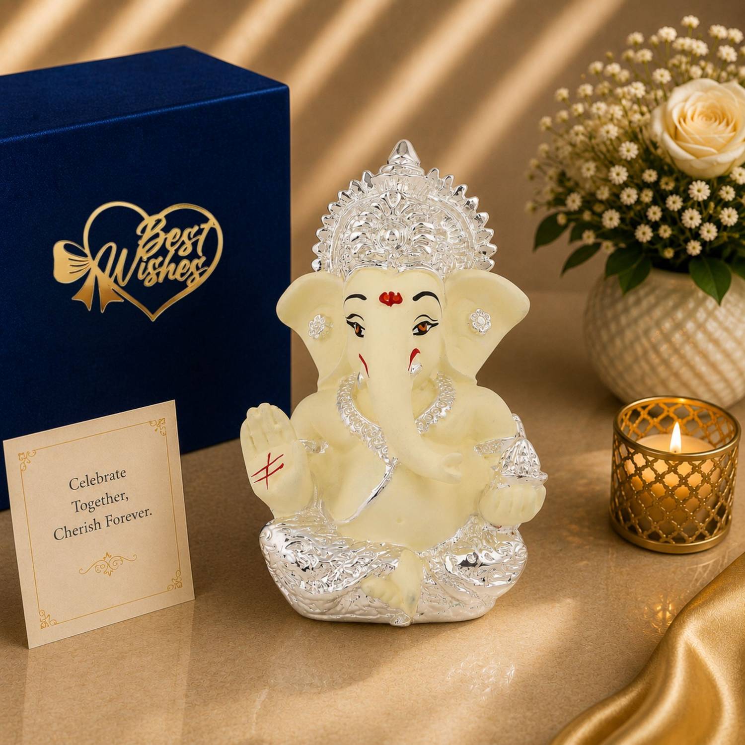 STARLIGHT Resin Ganpati Idol Cream, Silver Plated, Velvet Box, Bag & Wishes Tag Decorative Showpiece - 5 cm