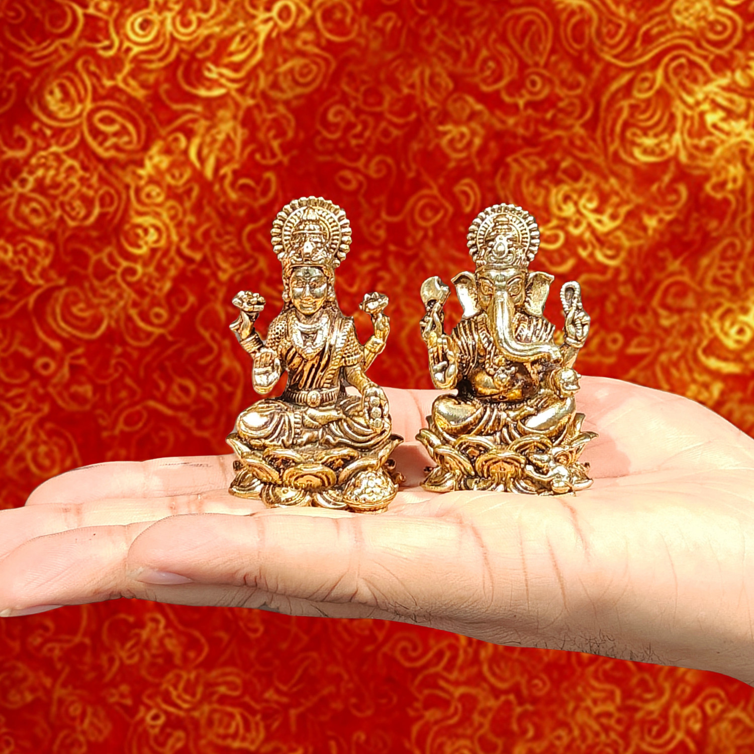 Image of Craftcart Lakshmi Ganesh Brass Idol | Wax Cast & Lightweight | 100% Brass | w: 180g | Decorative Showpiece - 7 cm