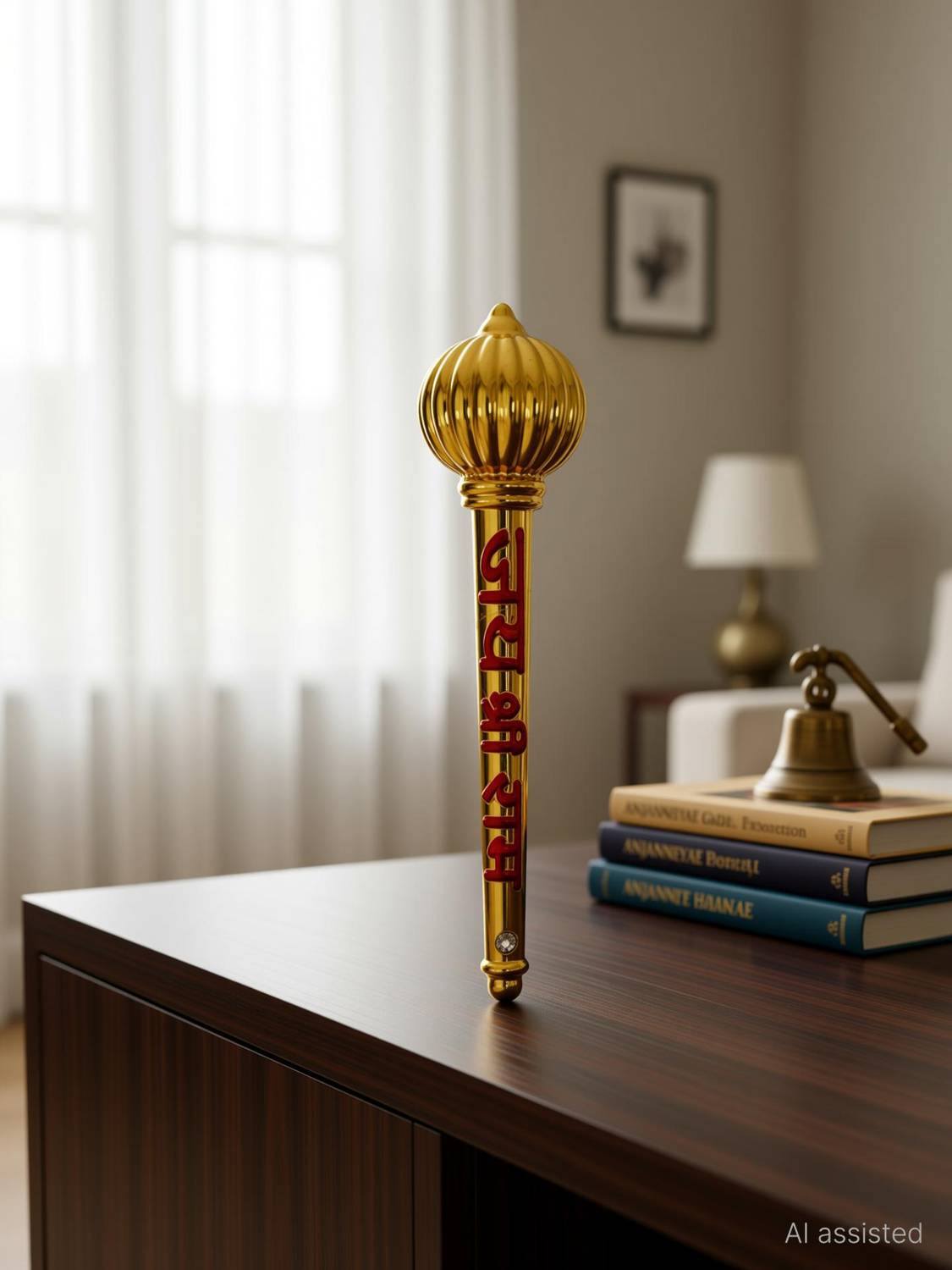 ANJANEYAE Hanuman Bajrangbali Gada Gold Plated Big Size For Evil Eye Protection Decorative Showpiece - 7 cm