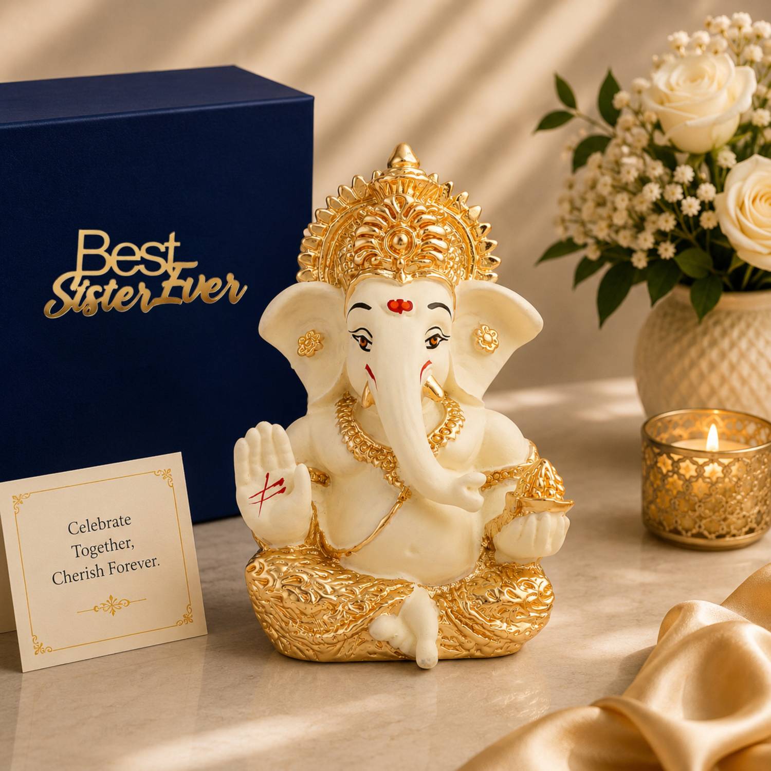 STARLIGHT Resin Ganpati Idol Cream, Gold Plated, Velvet Box, Bag & Sister Tag Decorative Showpiece - 5 cm