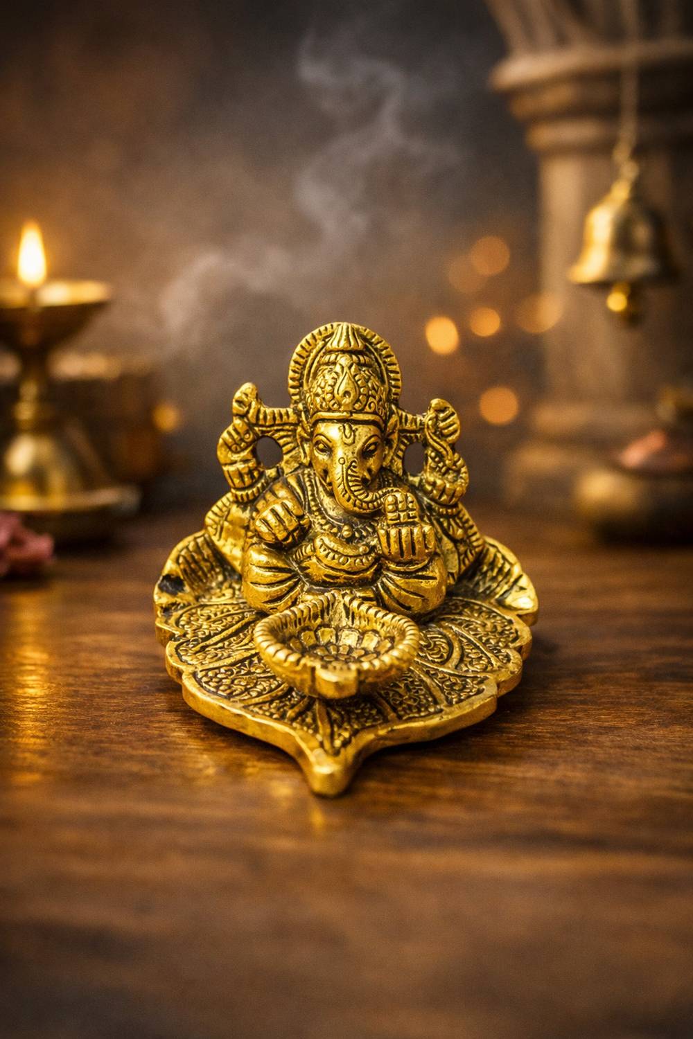 Mahadev Handi Creations Brass Ganesha Idol 90g Leaf Base Gold Finish for Mandir & Home Decor Decorative Showpiece - 6 cm