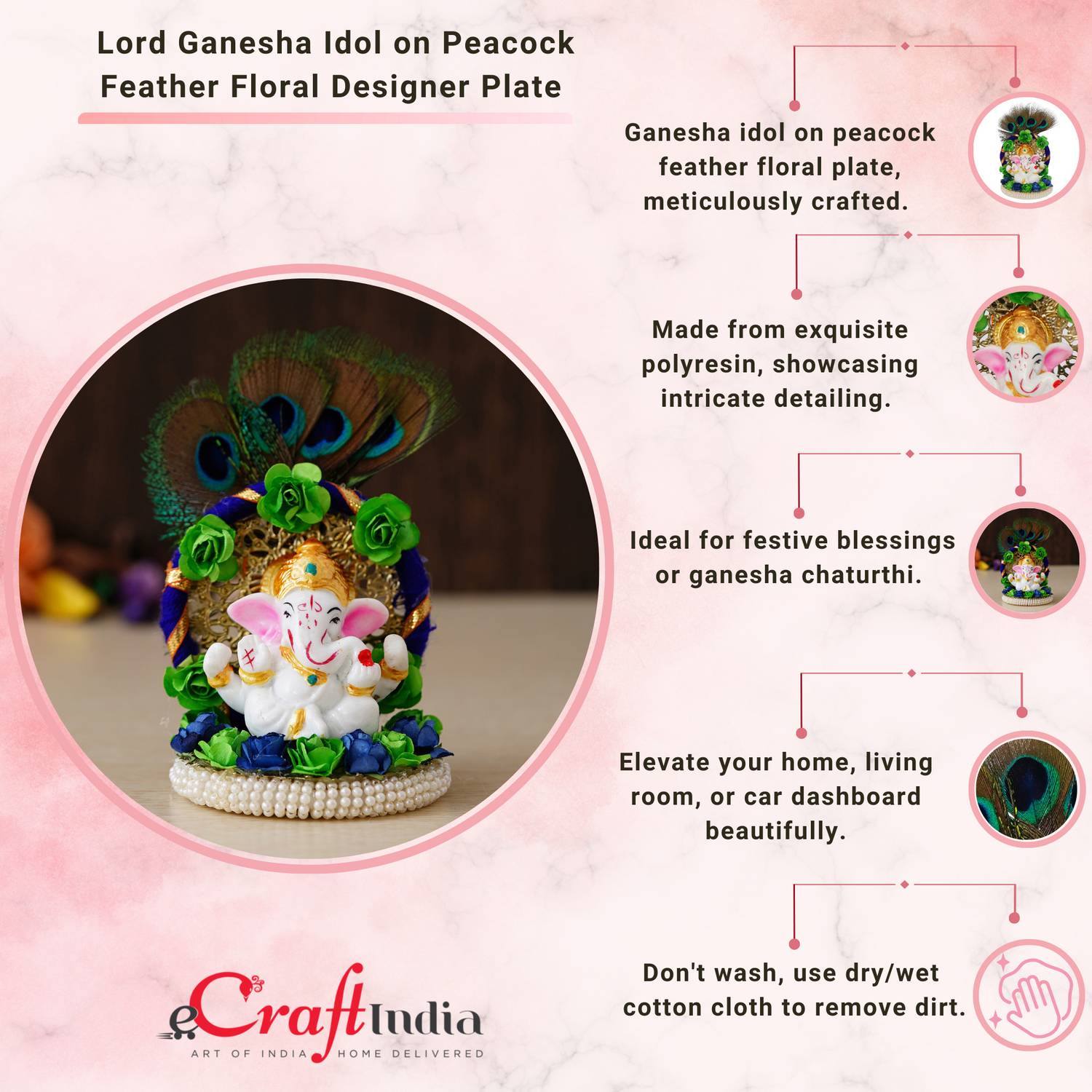 Artisyn Lord Ganesha Idol on Handcrafted Floral Plate with Peocock Feather Decorative Showpiece  -  13 cm