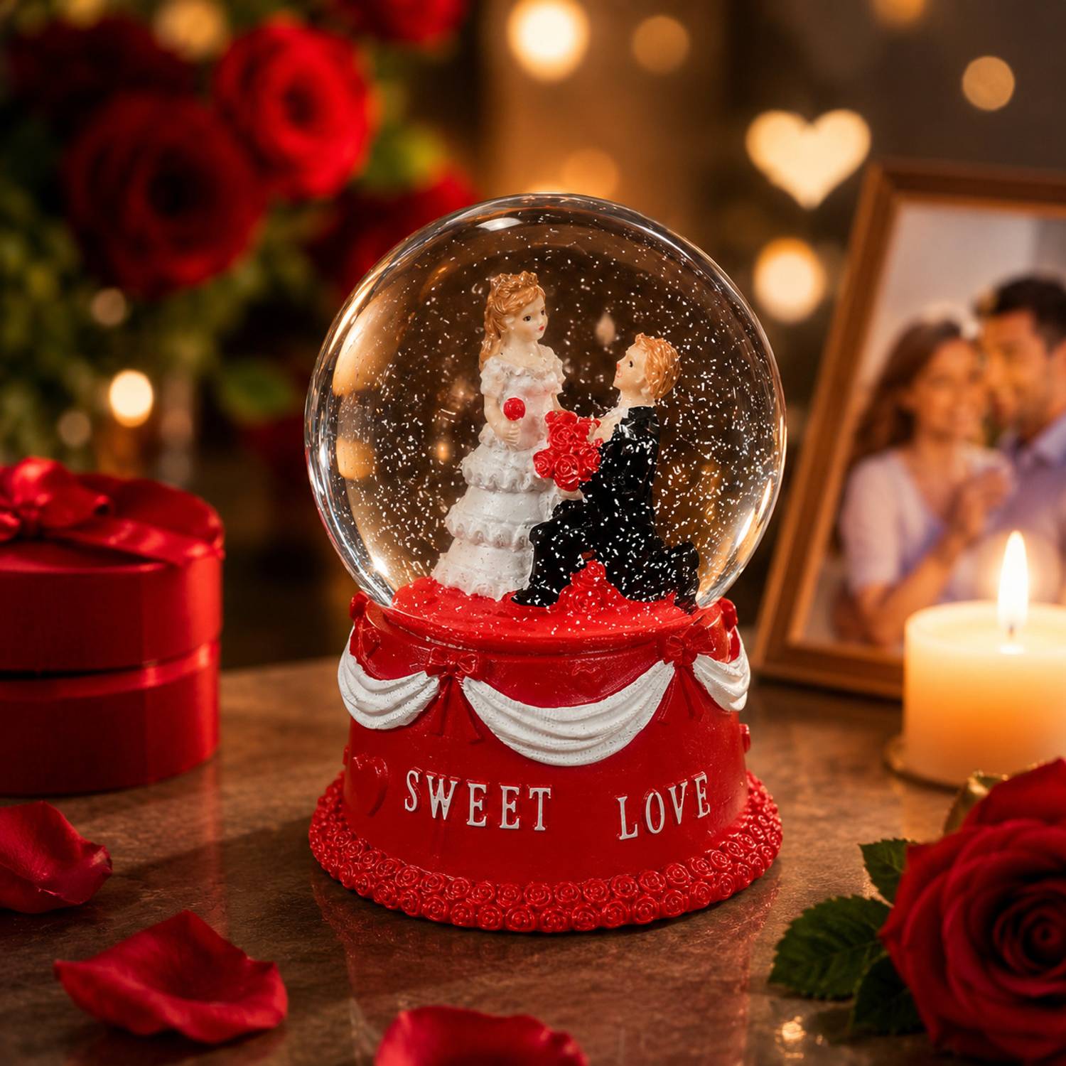 babliduggu crimson red couple snow globe Decorative Showpiece - 9 cm