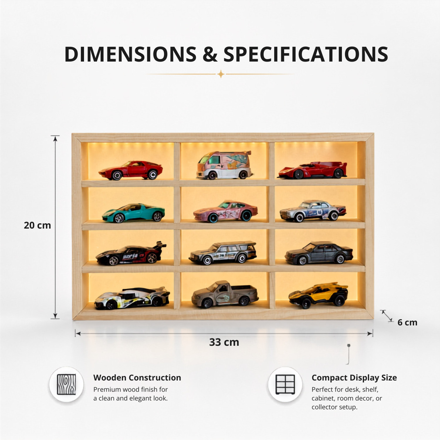 Image of Fancy Things LED Wooden 12 Slot Diecast Display Shelf with 12 Cars (Hot Wheels Compatible) Decorative Showpiece - 26 cm