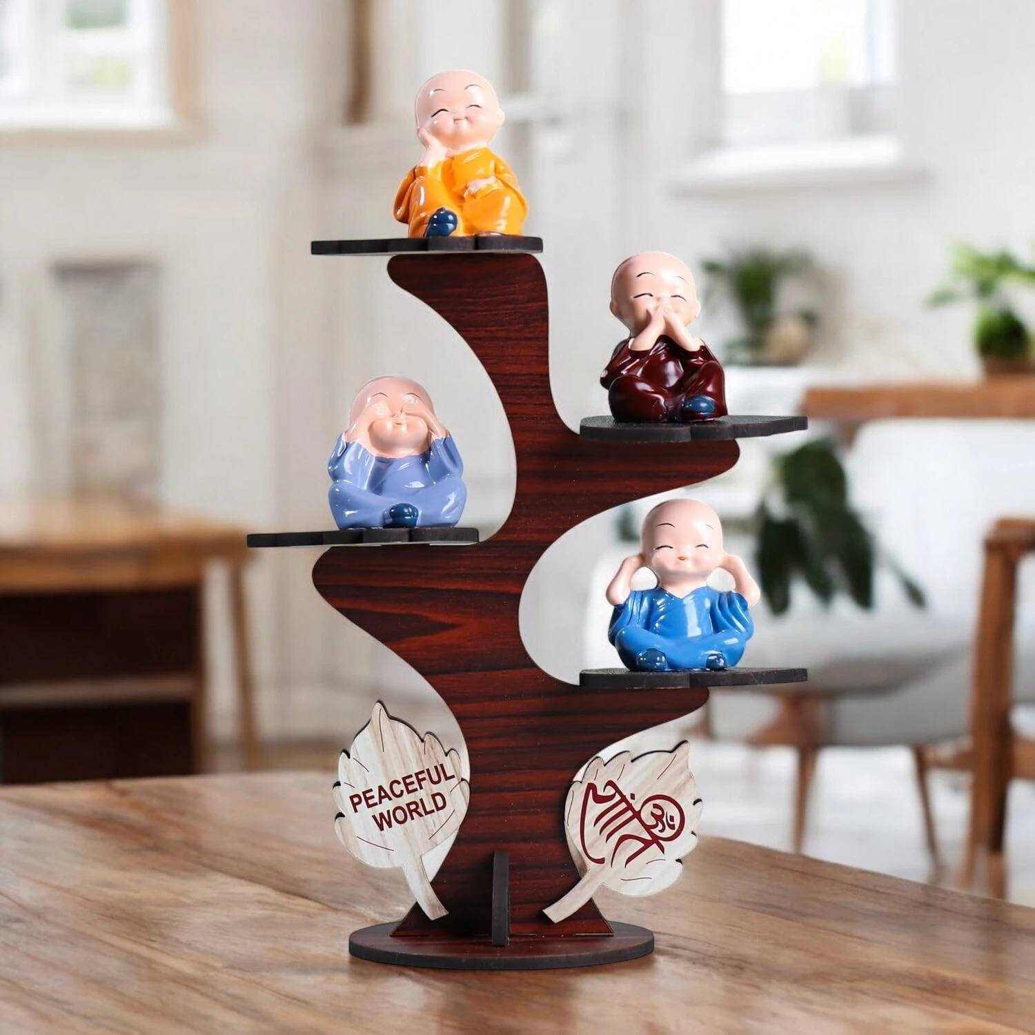Lavidi Handcrafted Zen Buddha Monk Figurines with Wooden Tree
