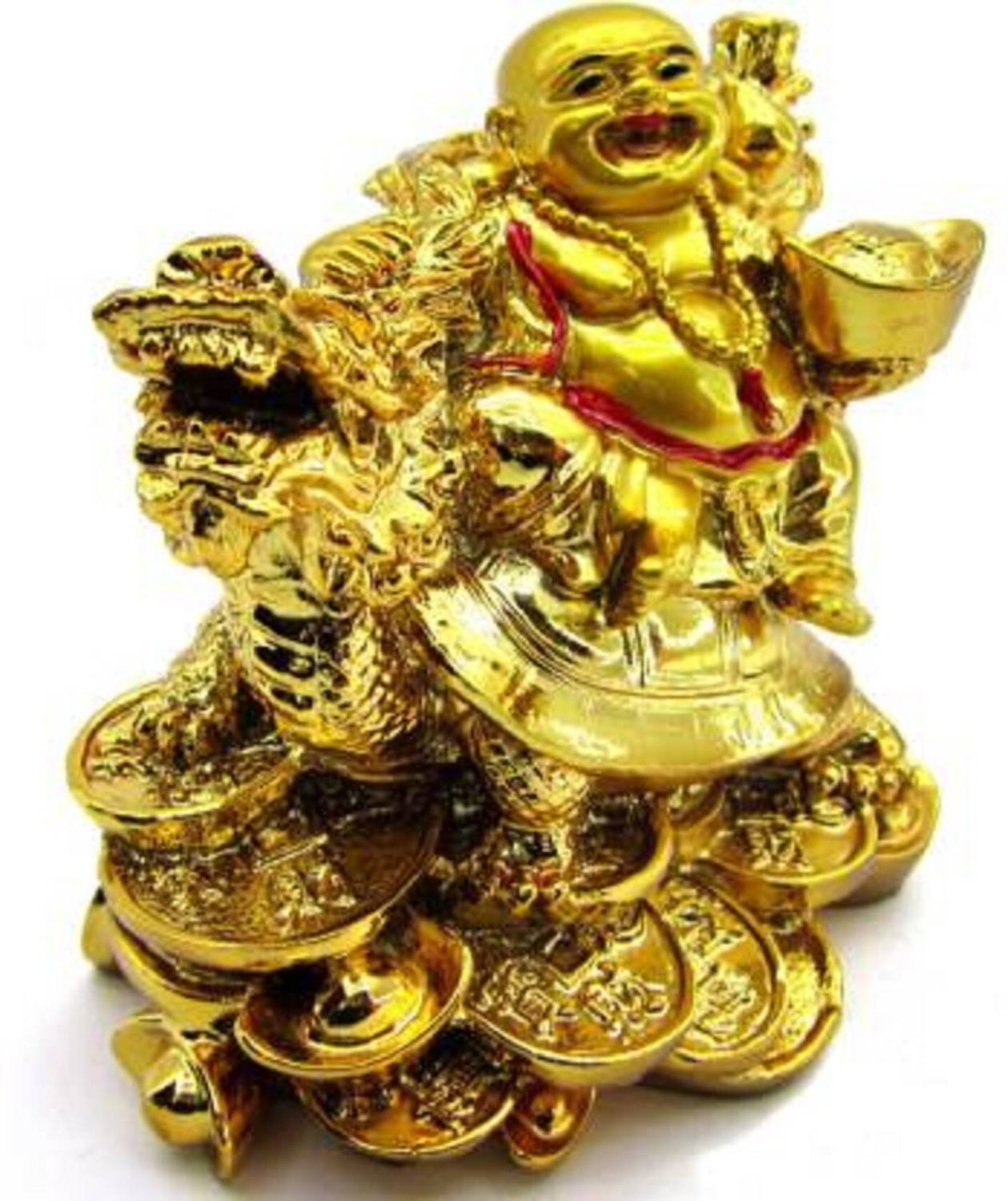 ASTRUMS buddha feng shui laughing buddha on dragon laughing buddha big size for money and wealth ( Gold, 12 cm) Decorative Showpiece - 12 cm (Polyresin, Multicolor) Decorative Showpiece - 12 cm