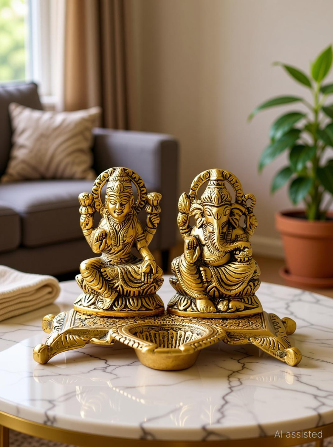 Image of eCraftzone Brass Statue /Murti /Figure Diya Lord Lakshmi Ganesha Set Size Decorative Showpiece - 10 cm (Brass, Gold)